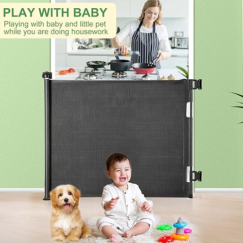 Miniatura 7 de Puerta retráctil mejorada para bebés, puerta de seguridad extra ancha para niños o mascotas, 33 pulgadas de alto, se extiende hasta 71 pulgadas de