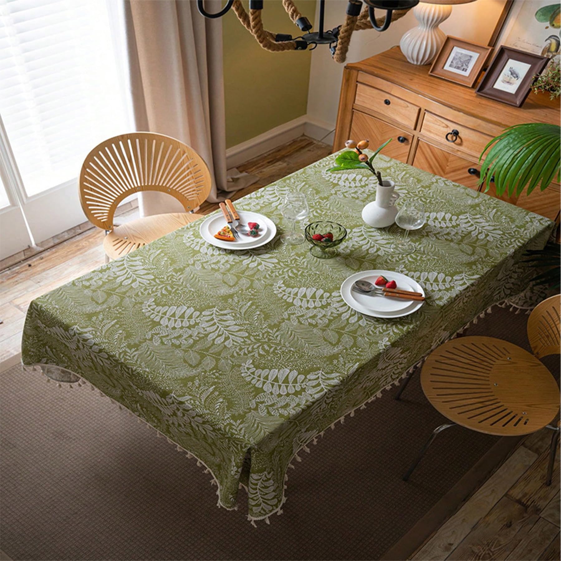 Green Table Cloths - 140 X 180CM Sage Green Rectangular Tablecloth Tassel Table Mat, Christmas Tablecloths, Bohemian Vintage Wallpaper