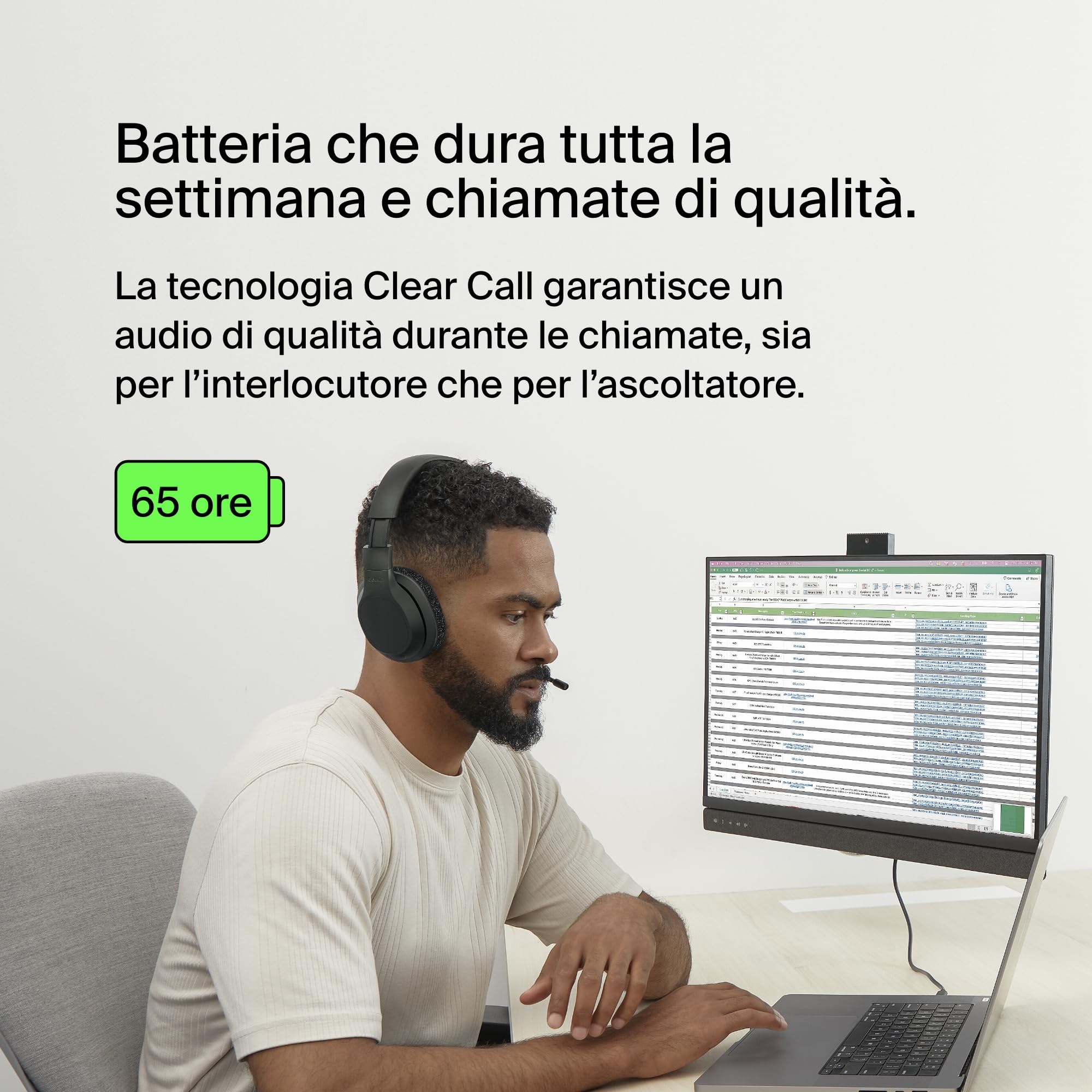Belkin SoundForm Adapt Cuffie con Microfono, tecnologia Multipoint, ENC, Bluetooth, con filo, ENC, 65 ore di riproduzione, cuffie wireless per lavoro, ufficio, PC, computer, laptop, tablet, cellulare