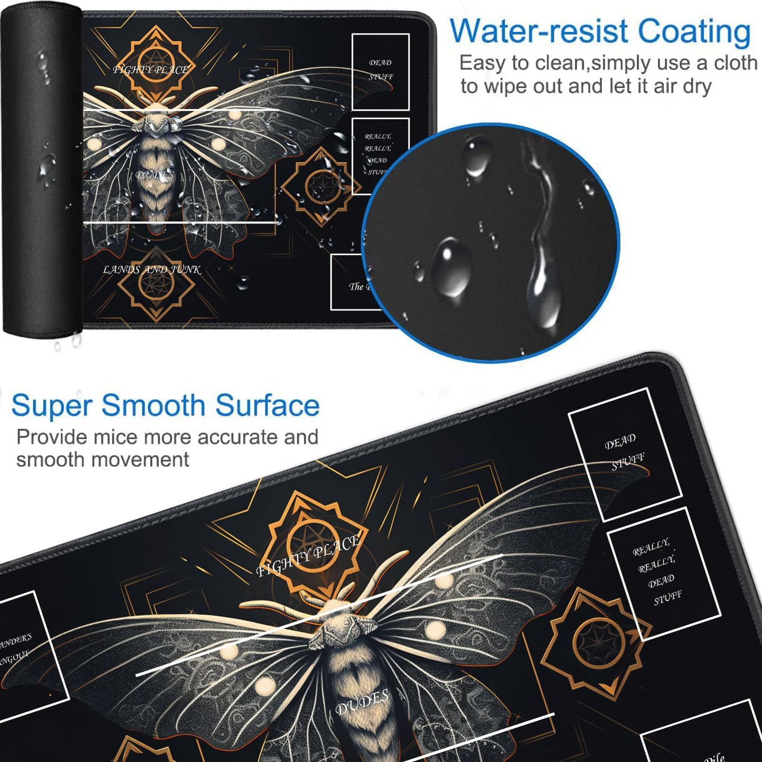 JVGFYNKL for MTG Playmat, 24 x 14 in for TCG Playmat with Zones,Trading Card Game Playmats with Storage Bag and 6 Dice, Smooth Surface for MTG Table Mat, Surreal Death Moth