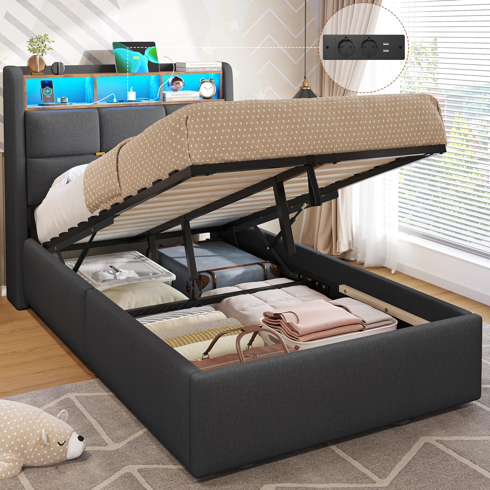 DICTAC - Cama matrimonial acolchada 90x200 con iluminación LED y barra de enchufes, cama individual para jóvenes 90x200 con somier de láminas, estructura de cama para adultos con espacio de