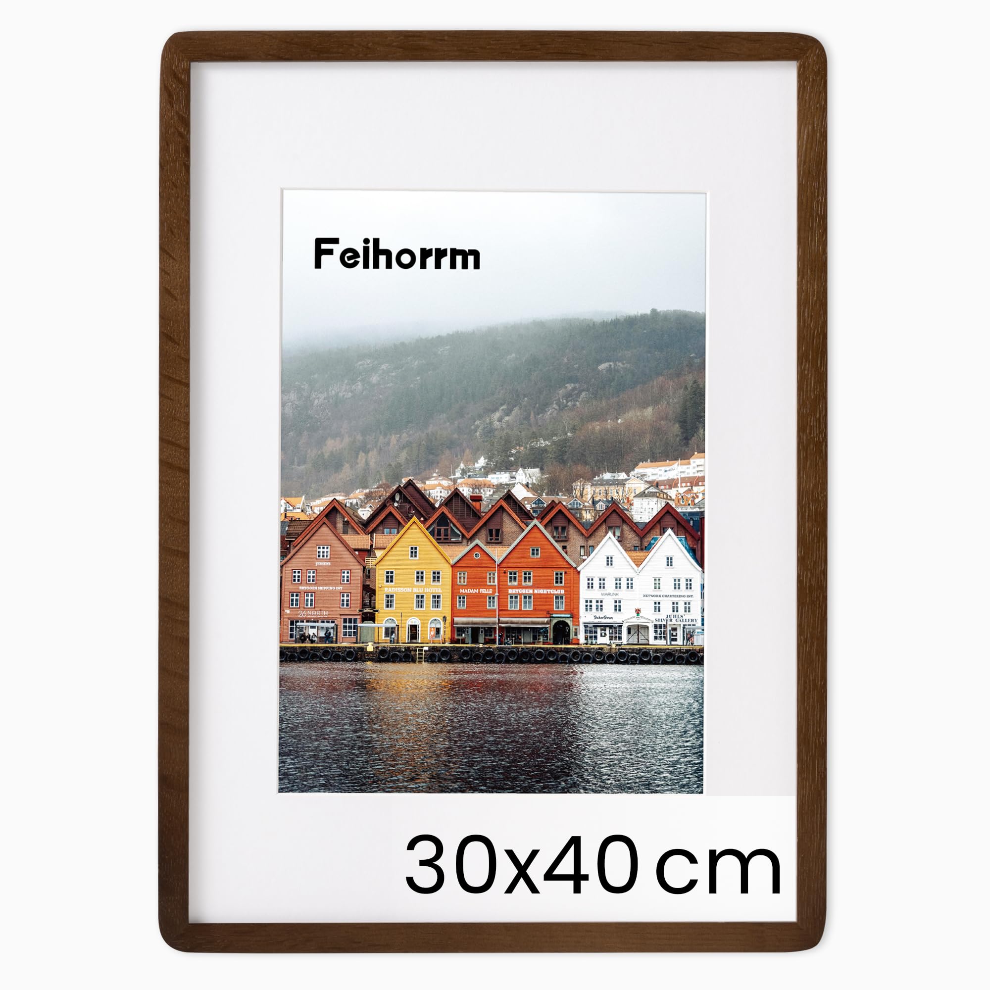 Feihorrm Massivholz Bilderrahmen, Eiche Bilderrahmen, Mit gehärtetem Glas, Für 30x40 cm-Fotos ohne Passepartout oder 19x29 cm-Fotos mit Passepartout (Dunkel Braun, 30x40 cm/ 1x)