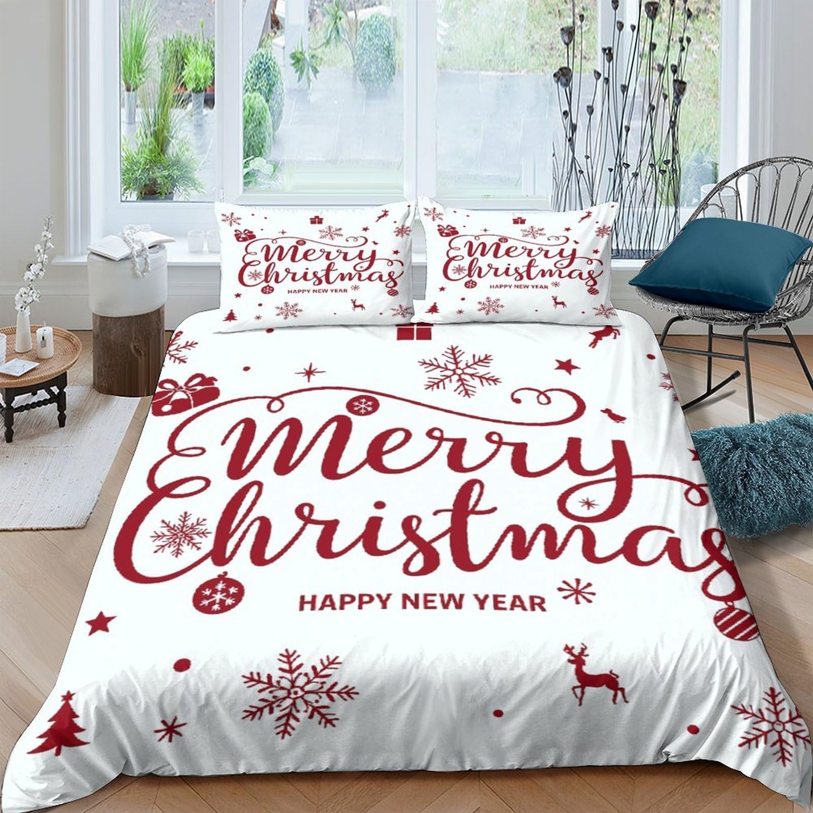 GPLZQXKJNH 3D Printed Christmas Reindeer Duvet Cover Set Microfiber Soft Breathable Snowflake Quilt Cover with 2 Pillowcases for Bedroom Decor Single（135x200cm）