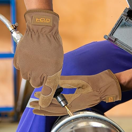 Miniatura 6 de HANDLANDY Guantes de jardinería de cuero para hombre, guantes de trabajo utilitarios para mecánicos, construcción, conductor, destreza diseño