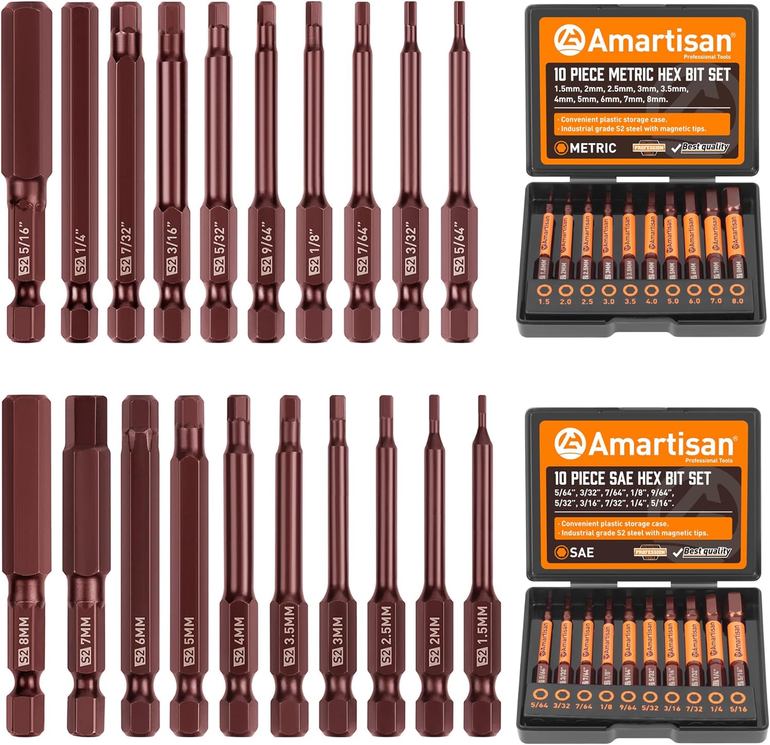 Amartisan 20 PACK Hex Head Allen Wrench Drill Bit Set, Metric and SAE