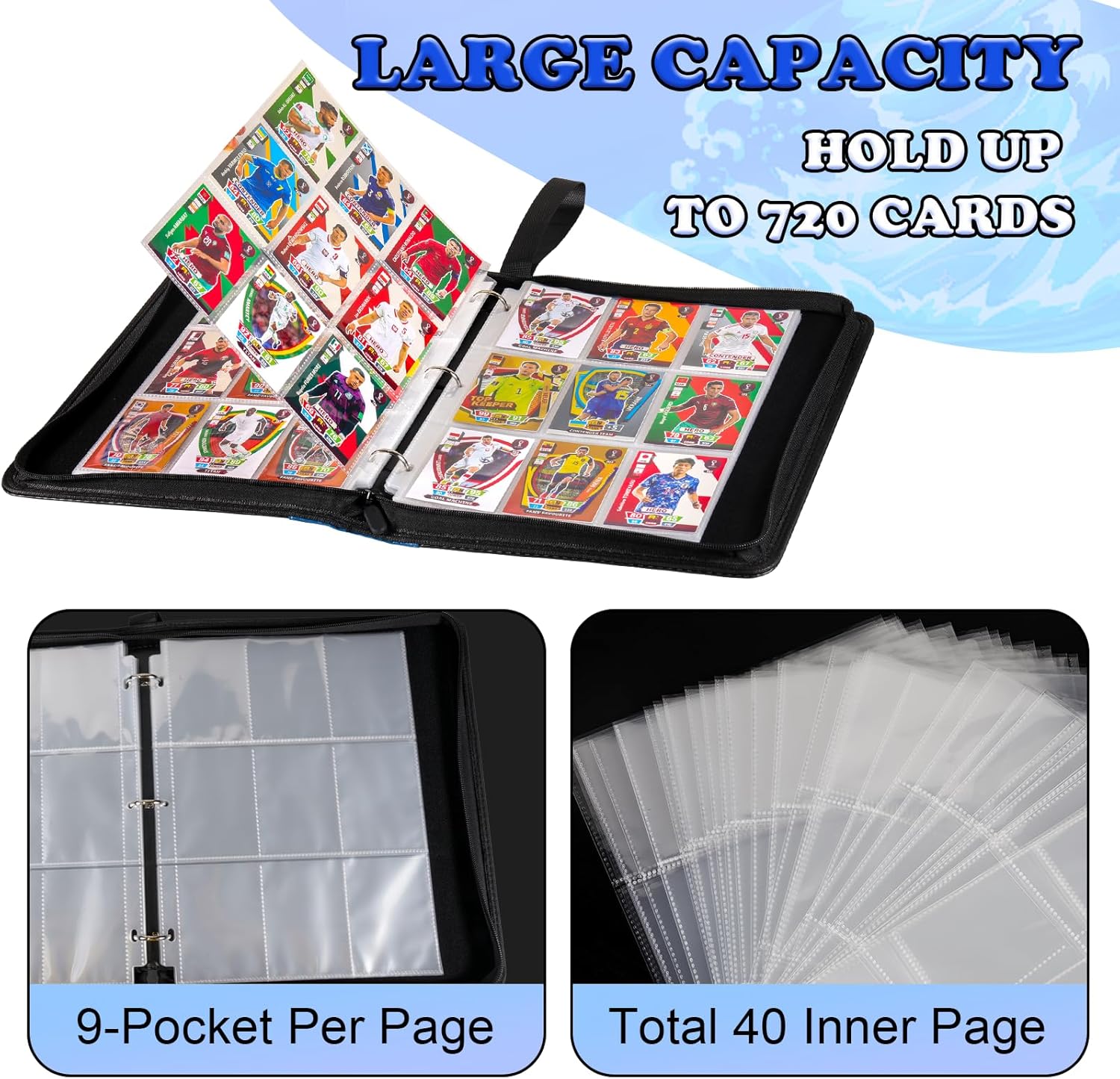 LIMSTDIC Card Binder for Pokemon Card, 9 Pocket 40 Double-Sided Pages for 720 Card Pocket Premium Zip PU Card Binder for Pokemon, Collectible For TCG,MTG,Baseball,Football Trading Card Game(Blue)