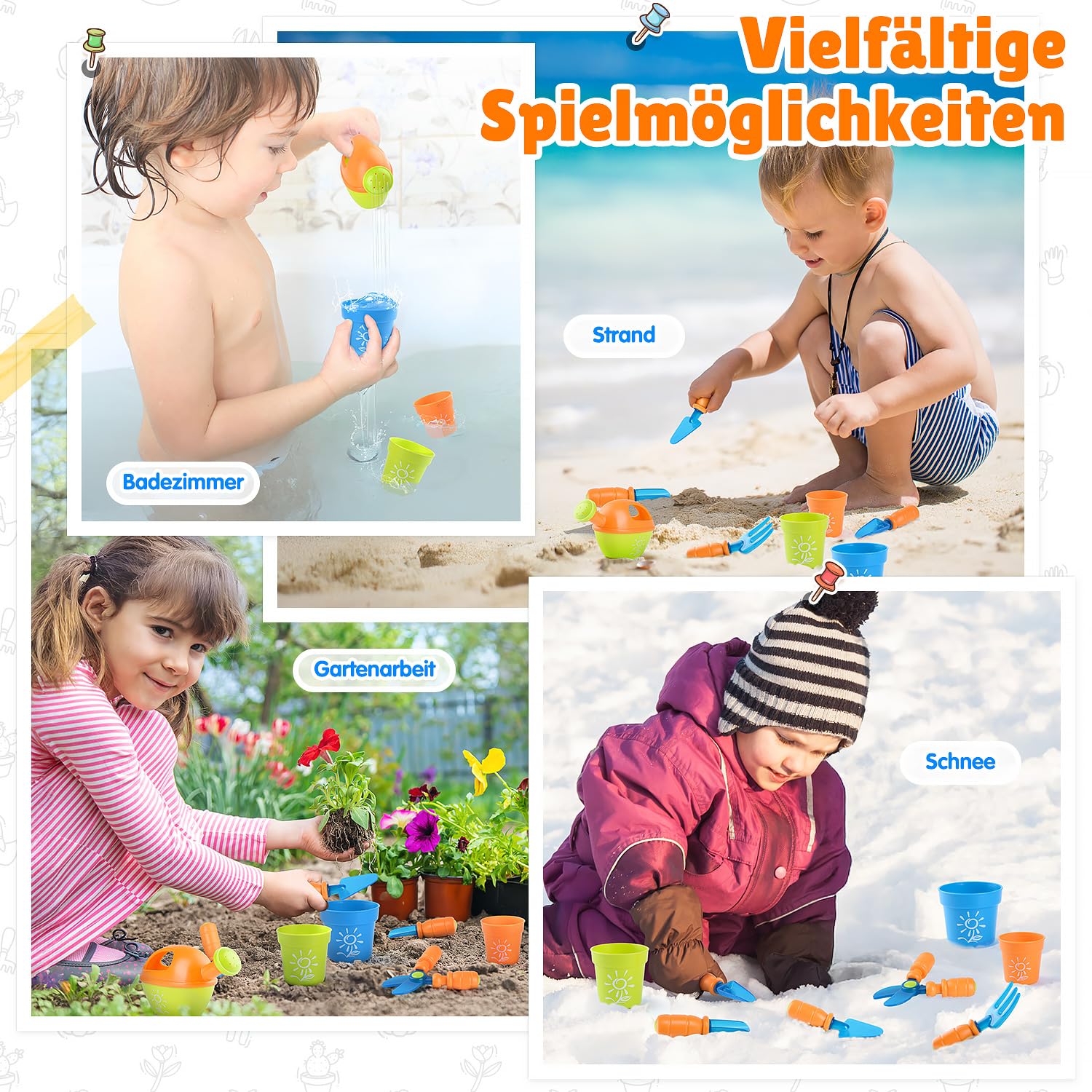 PLAY Gartenwerkzeug Kinder Set,Gartengeräte mit Schaufel, Gabel, Schere, Blumentopf, Gießkanne, Schild und Aufbewahrungsbox, Gartenset Kinder für Kinder ab 3 Jahren