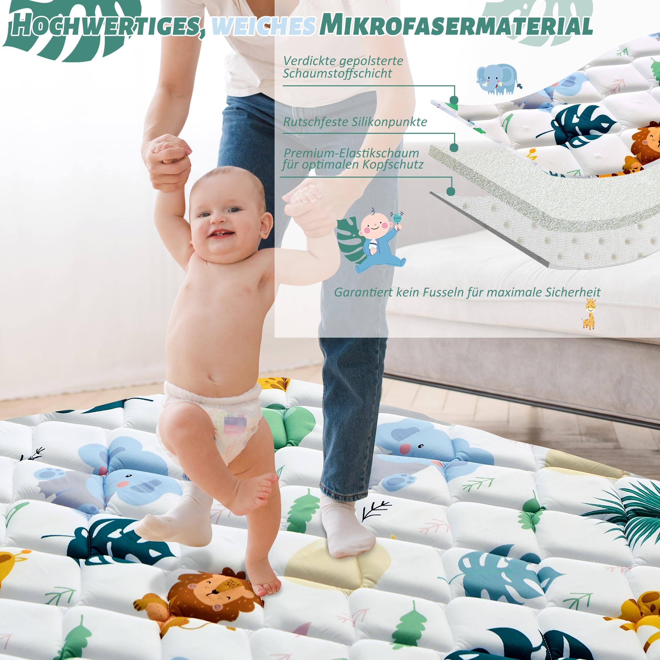 YBIKE Baby Spielmatte, Faltbare Große rutschfeste Dicke Baby Krabbelmatte 180x150cm, Tragbare Weiche Bauchzeitmatte, Waschbare Aktivitätsmatte für Kinder (Tiere)