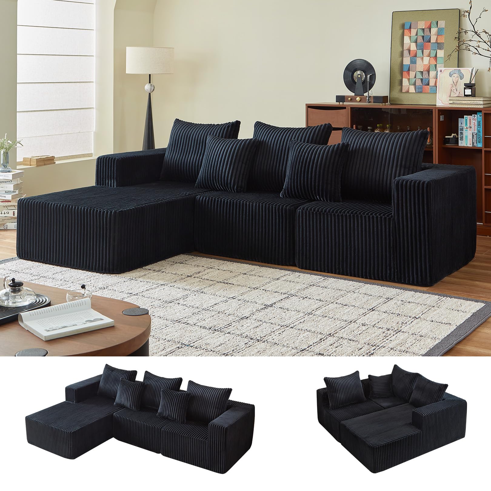 102" Cloud Couch for Living Room,Boneless Couch with Oversized Chaise,Deep Seat Sofa with 5-Pillows for Bedroom,Corduroy Sofa in A Box,Black