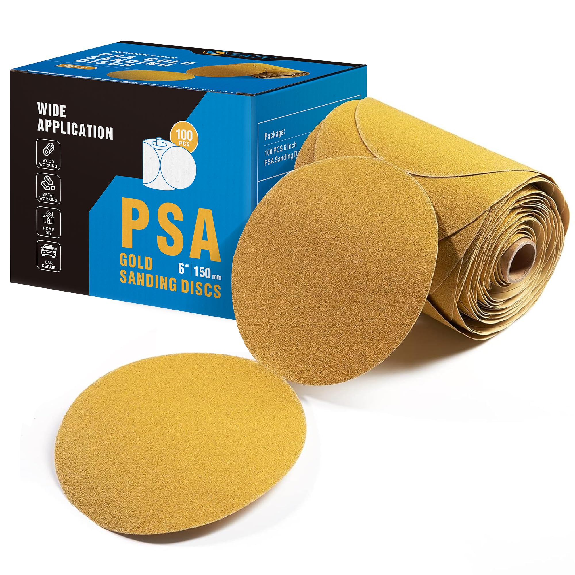 S SATC 100 Grit Sandpaper Roll 100 PCS 6 Inch Round Sanding Discs Aluminum Oxide Sandpaper Discs with Adhesive Back for Wood, Auto Body Repair, Paint, Metal, and Plastic