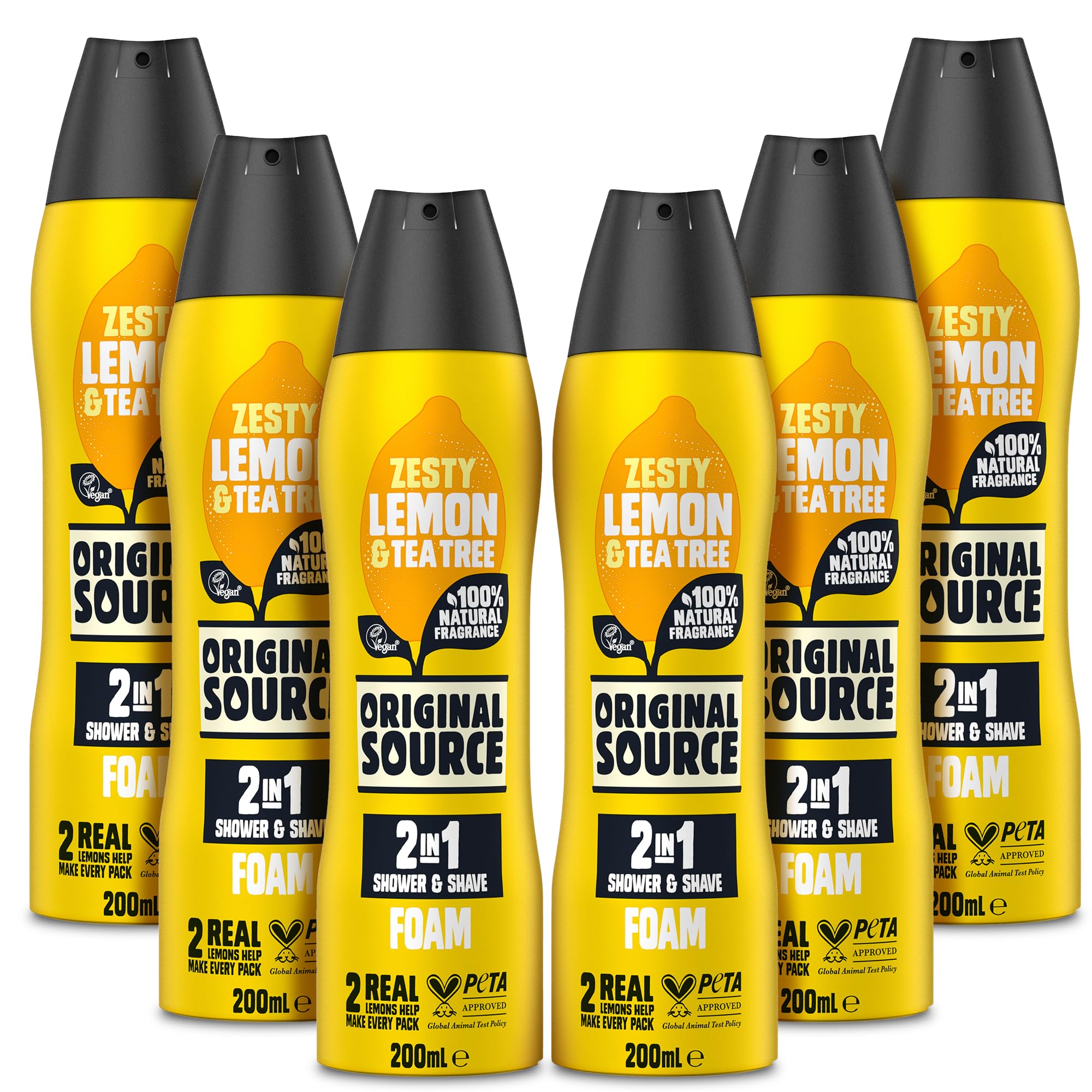 Original Source Lemon & Tea Tree 2 in 1 Shower and Shave Foam (Pack of 6)|100 Percent Natural Fragrance | Vegan, Cruelty Free, Paraben Free|Bulk Buy, 6 x 200ml