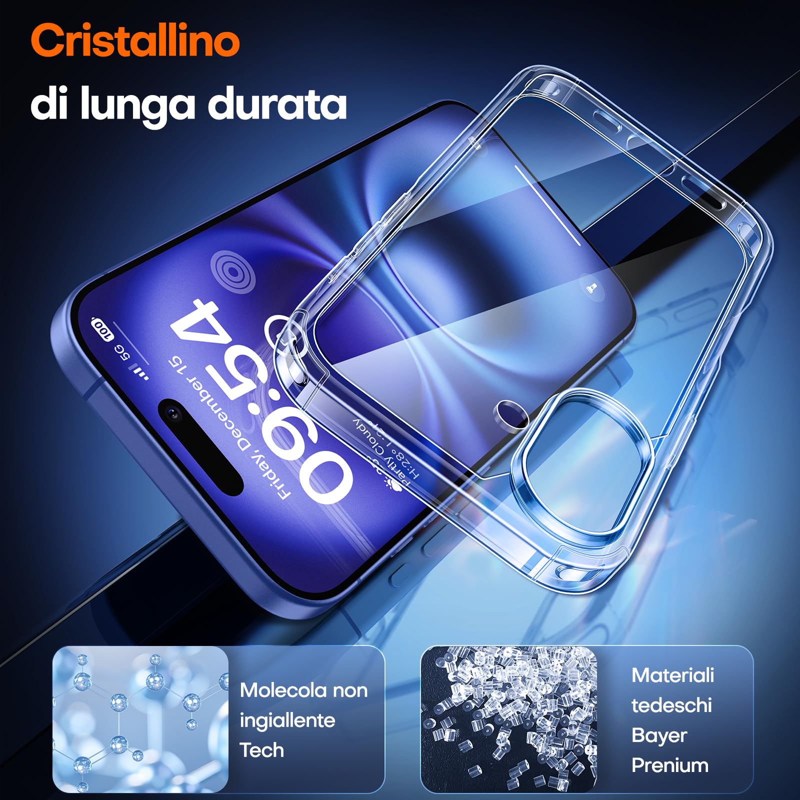 TAURI 3 in 1 Cover per iPhone 16 Plus, 1 Custodia [Anti-Giallo] + 2 Pellicole Vetro Temperato, Sottile Antishock, Anticaduta - Trasparente