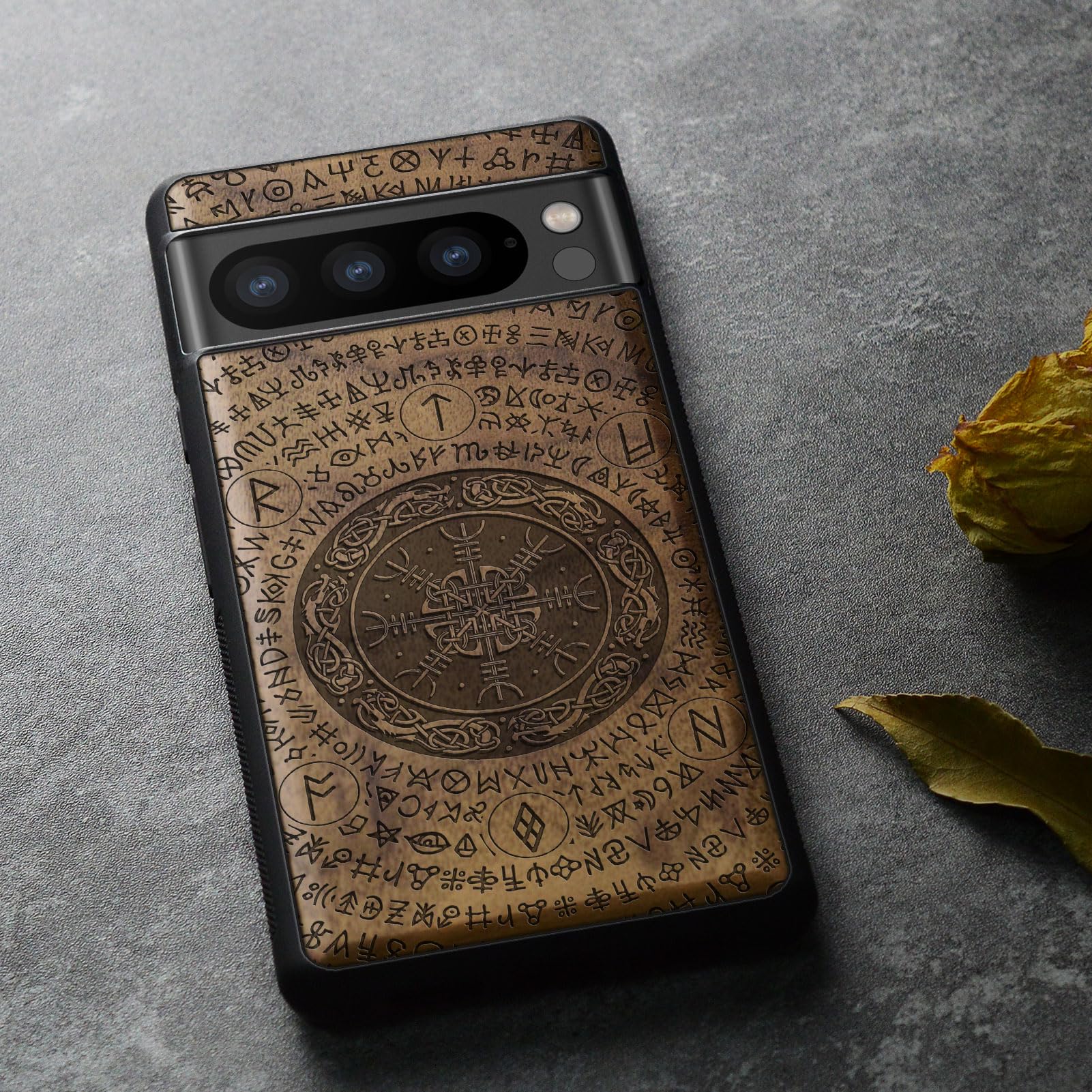 Carveit Custodia in Legno per Google Pixel 8 Pro Cover, Paraurti Robusto TPU Case, Antiurto Protezione Compatibile con Pixel 8 Pro Custodia (Noce-Cielo stellato e lago