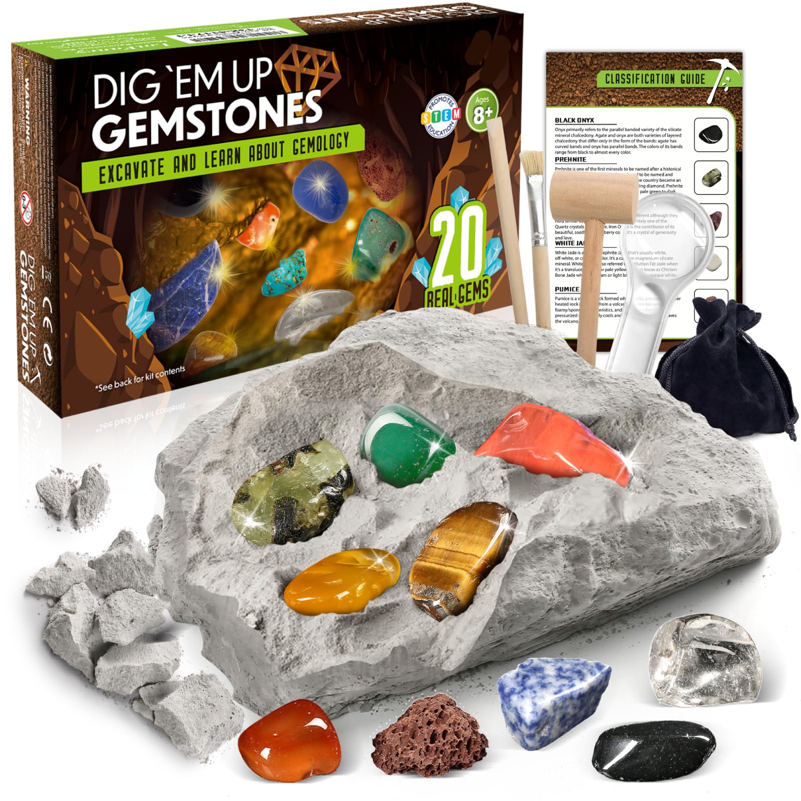 Gemstone Dig Kit, Excavate 20 Real Gems, Science Kit for Kids Age 8-12, Educational Toy, Birthday Gift for Boys Girls with Mining Tools