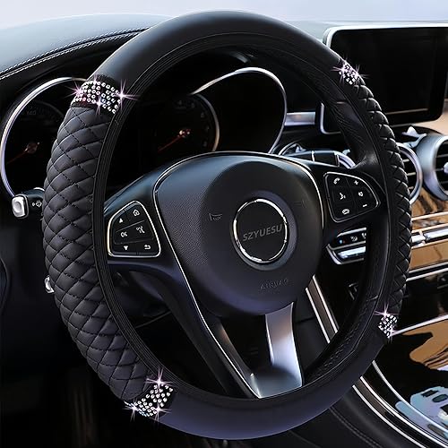 Funda para volante de cuero suave brillante de 15 pulgadas con diamantes de imitación con brillos para mujeres y niñas – Accesorio elástico para