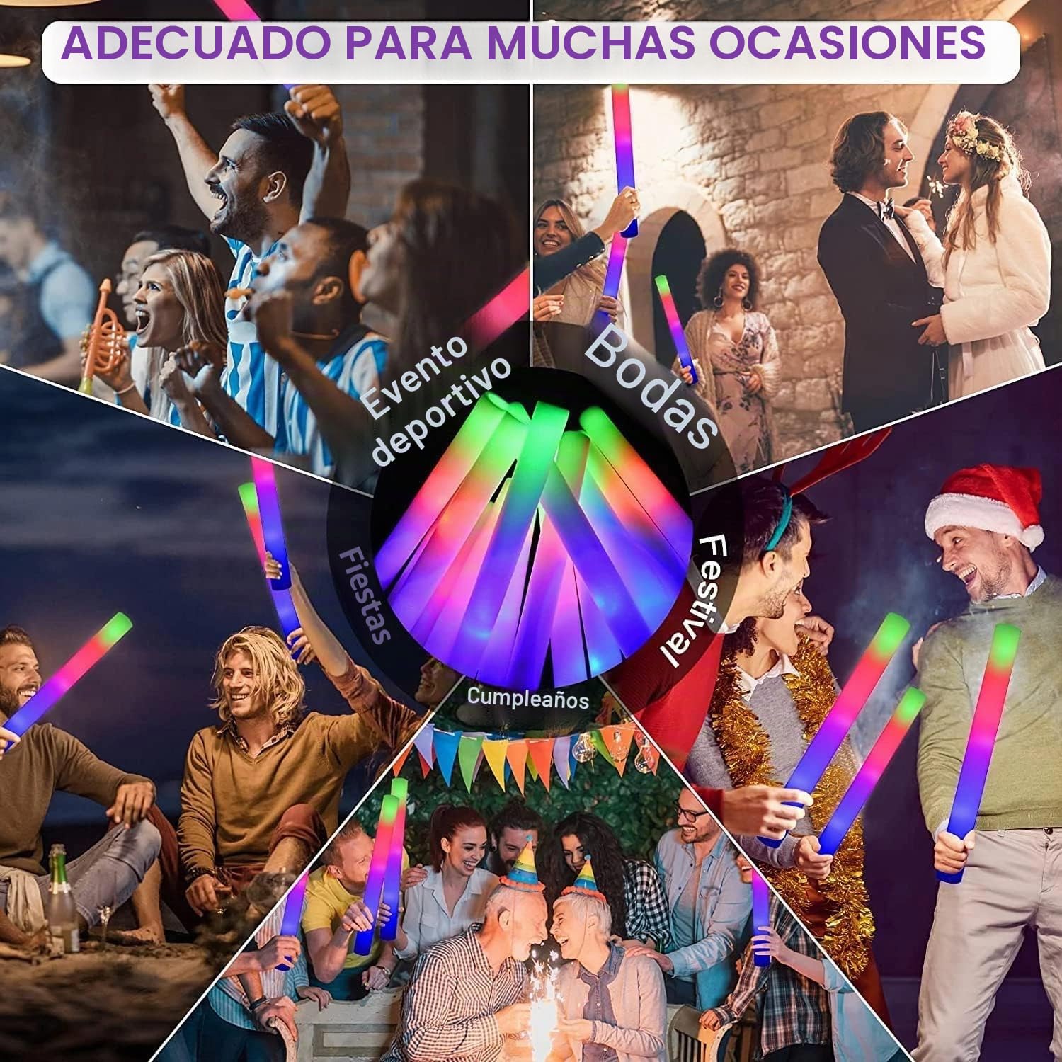 102 Palos de Espuma Luminosos LED, Barras Luminosas, Varillas de espuma LED que brillan a granel, suministros de fiesta que brillan en la oscuridad con 3 modos de parpadeo colorido