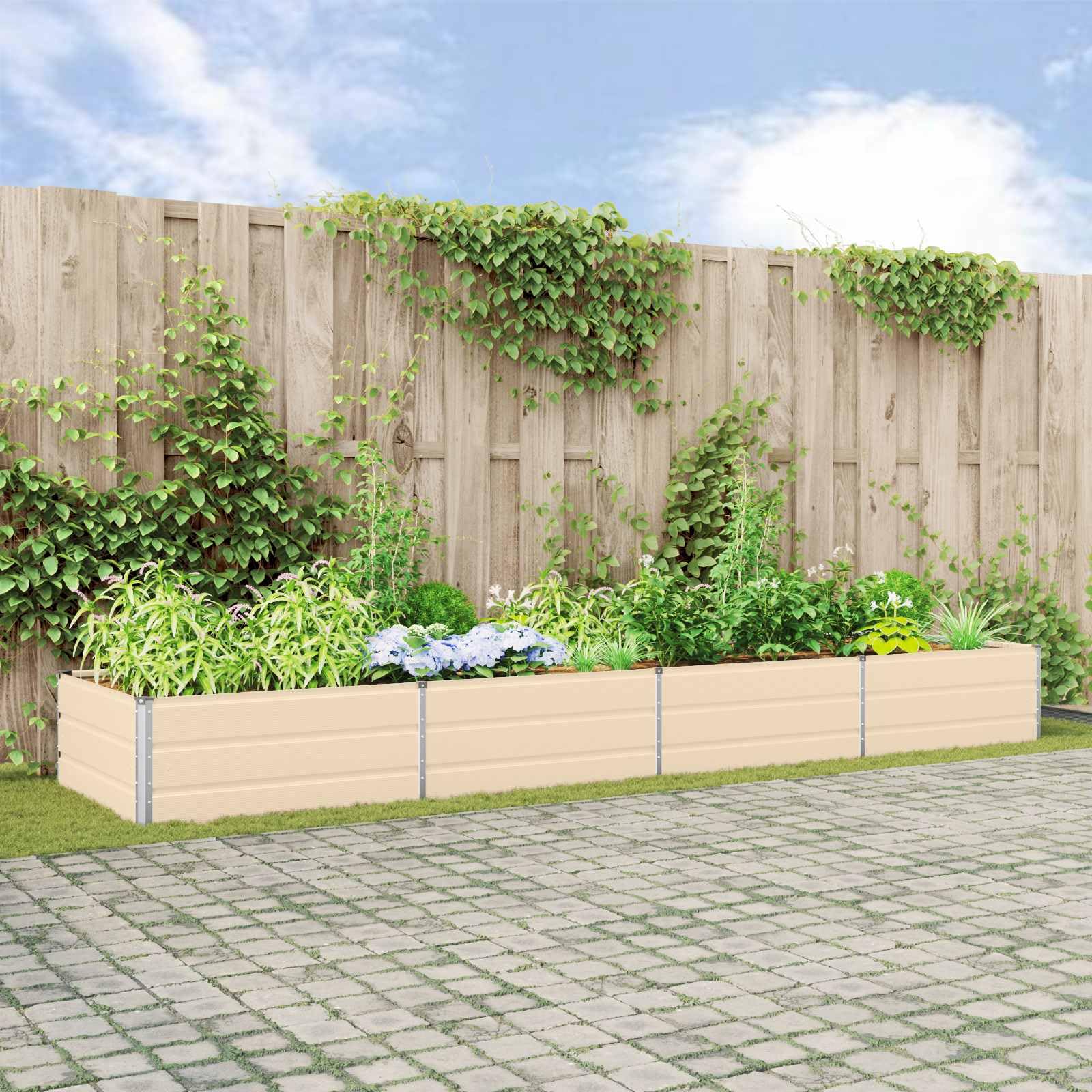 Macetero marfil 385 x 100 x 45 cm – Gran bancal elevado de acero galvanizado para jardín y terraza – Jardinera estable de metal en diseño industrial – Maceta robusta