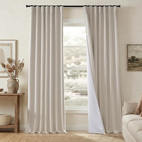Cortinas opacas de lino beige de 84 pulgadas de largo, cortinas de tela natural para sala de estar, dormitorio, cortinas opacas 100% de bloqueo de