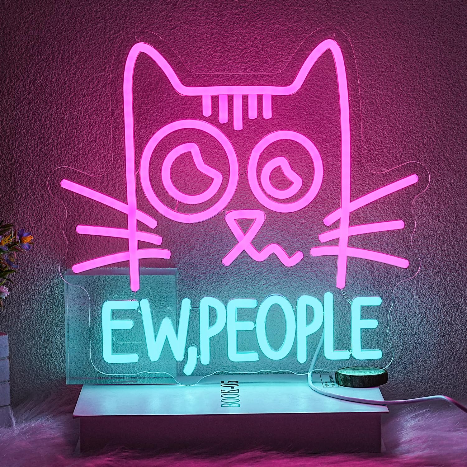 "Ew, People“ Neon Sign for Wall Decor Cat Neon Light Ew People Led Signs Anti Social Introvert Neon Light Up Sign for Bedroom Library Shop Mall Decoration