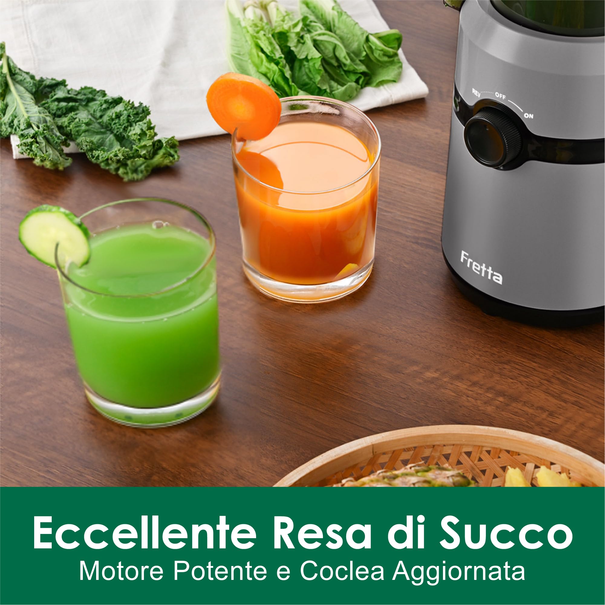 Fretta Estrattore Frutta e Verdura, Apertura Larga da 108mm Adatta a Frutta e Verdure, 1L Capacità, 200W Centrifuga Lenta, 99% Nutrienti Preservati, BPA Free, Facile da Smontare e Pulire