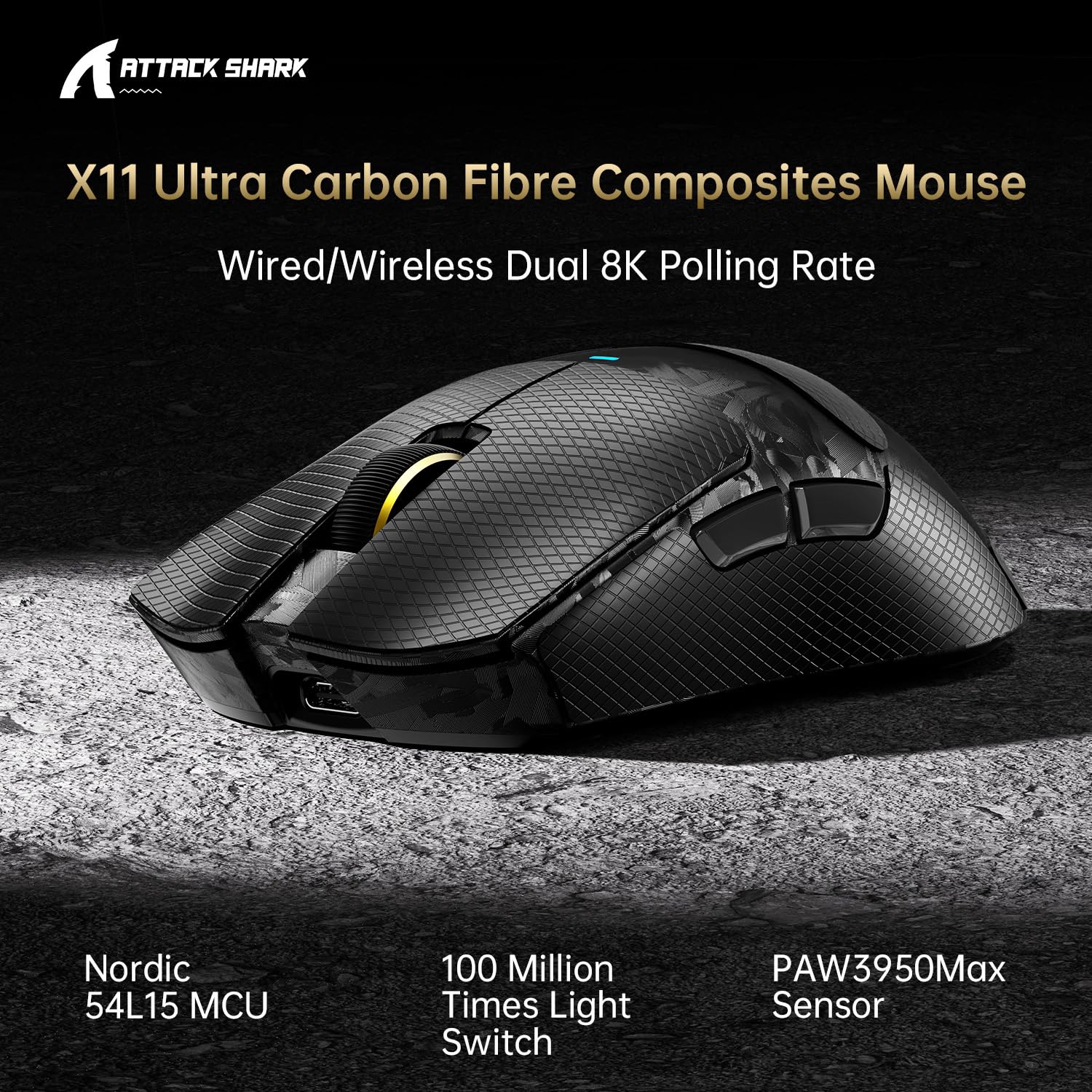 ATTACK SHARK X11Ultra 8K Carbon Fiber Wireless Gaming Mouse with