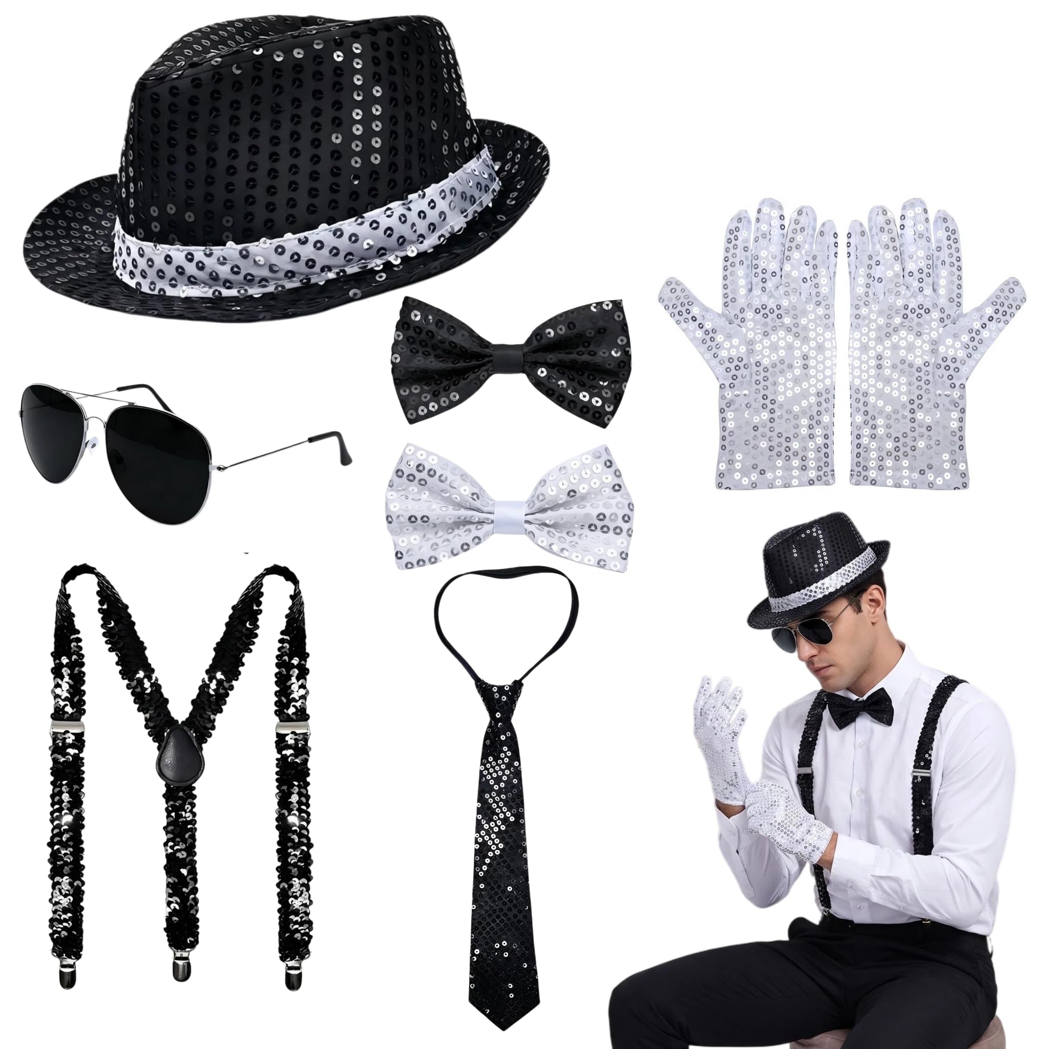 Mj Costume Accessories, 7-Piece Sequin Jazz Dance Costume Set: Gloves, Bowler Hat, Tie, Braces, Bow Tie & Sunglasses, Fancy Dress for Halloween Events, World Book Day, Stage Performances and Parties