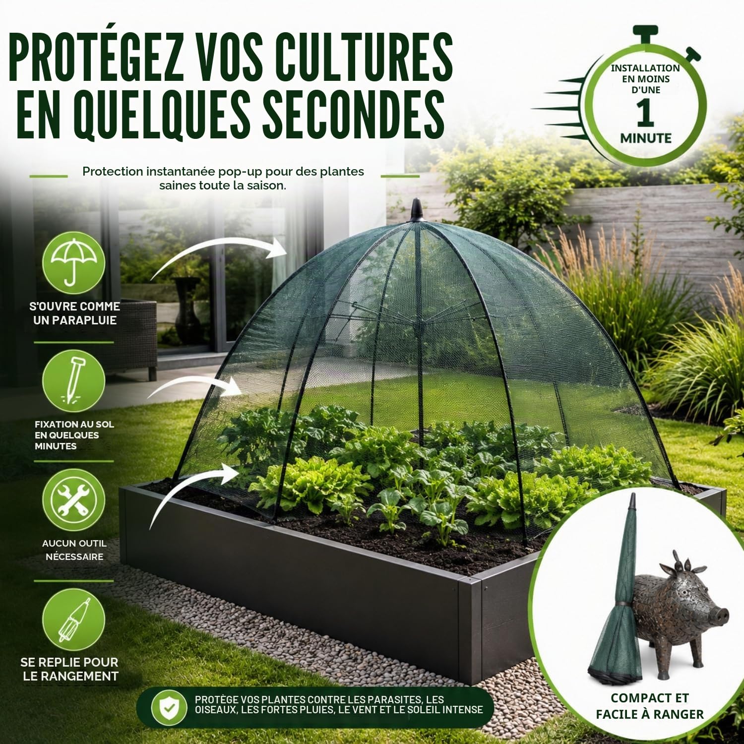 GardenSkill Serre à Mailles Fines pour Cultures et Plantes | Grande Cloche Parapluie Housse de Protection Filet Anti-Insectes pour Jardin, Parterre, Lit Surlevee, Potager | 110cm x 75cm