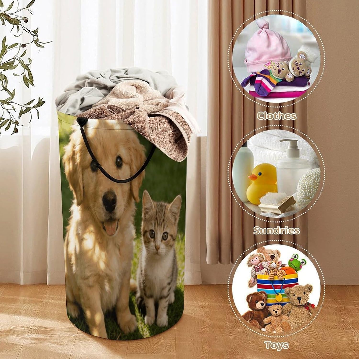 Cute Dog Laundry Hamper 86L Waterproof Collapsible Clothes Basket with Double Handles Freestanding Foldable Laundry Basket Large Clothes Hamper for Bathroom