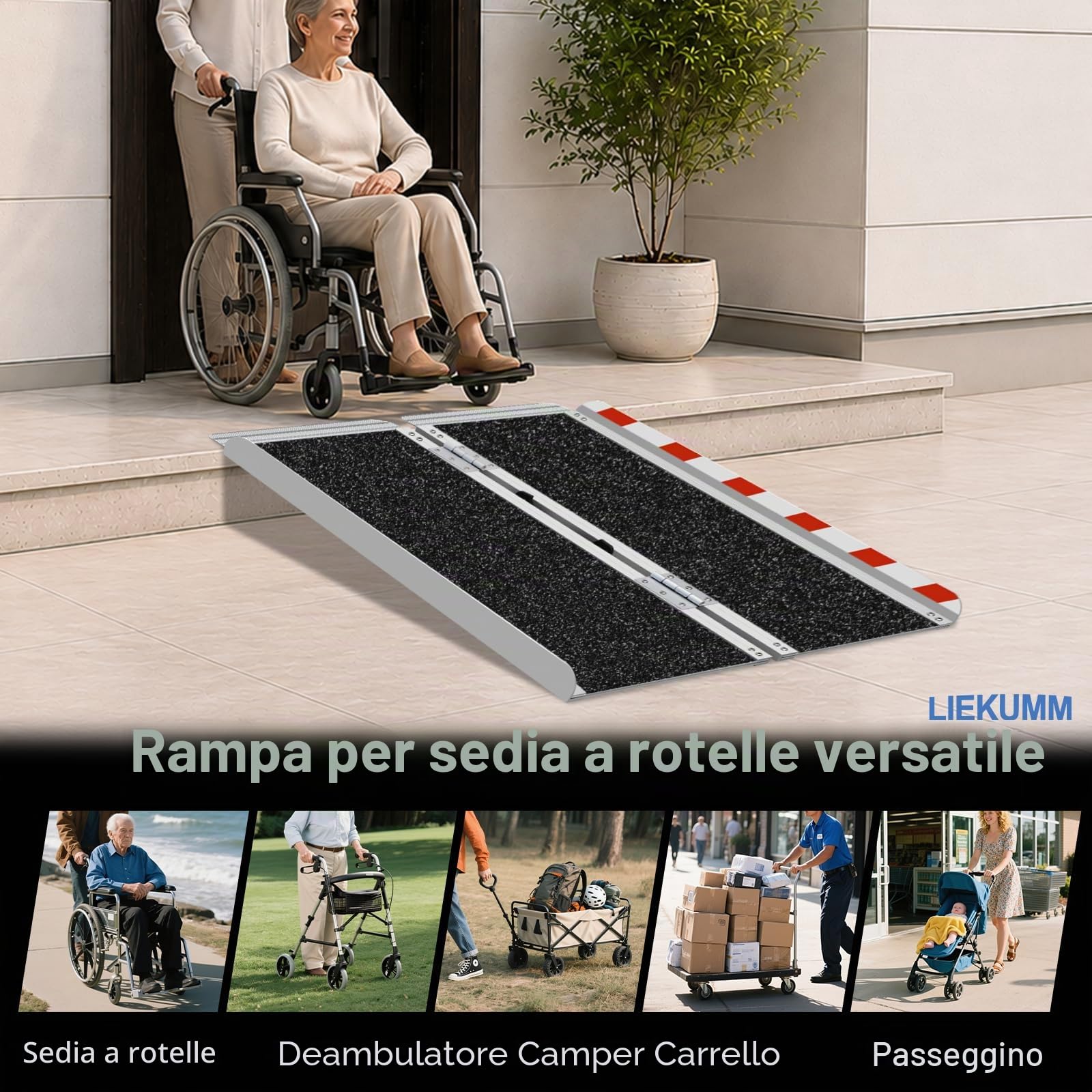 LIEKUMM, MR607WL-3, Rampa per sedia a rotelle, 91 x 72 cm, con superficie antiscivolo, in alluminio, portatile, per sedia a rotelle, casa, gradini