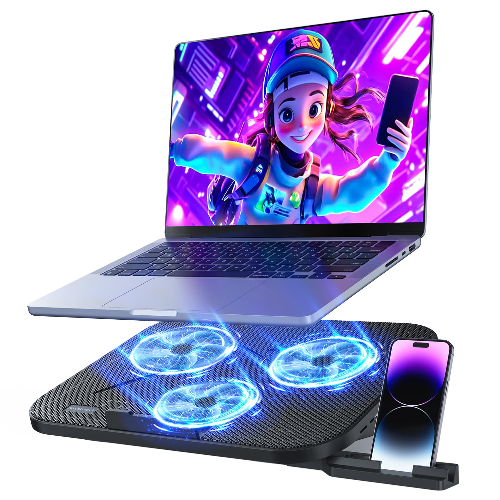 Photo 1 of Laptop Cooling Pad with 3 Quiet Fans, 5-Level Height Adjustable Ergonomic Stand, 2 USB Ports & Phone Holder, Fits 12-17 Inch Laptops, Family-Friendly for Gaming/Work/Online Class,