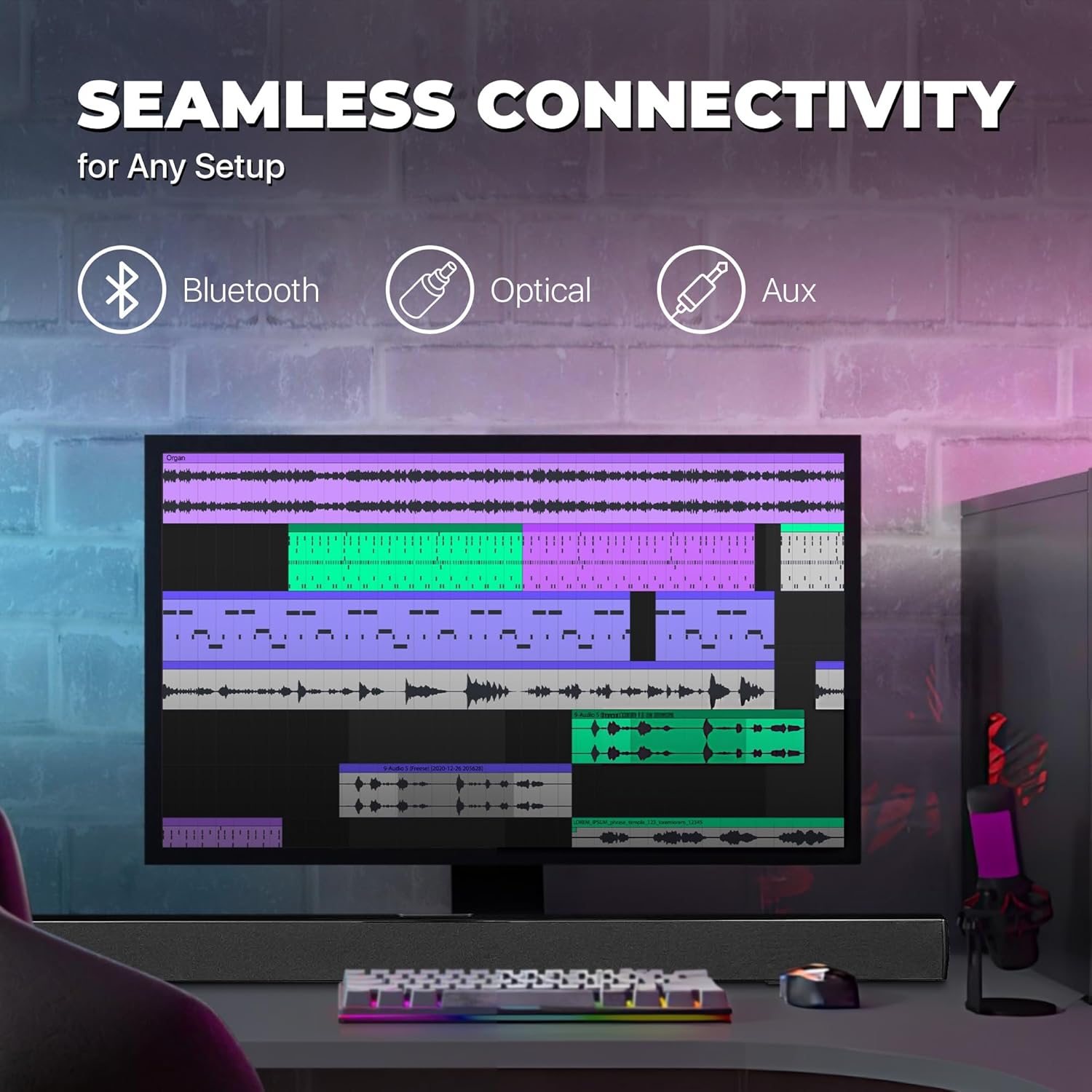 Diagram showing seamless connectivity options for the PROSCAN Sound Bar: Bluetooth, Optical, and Aux.