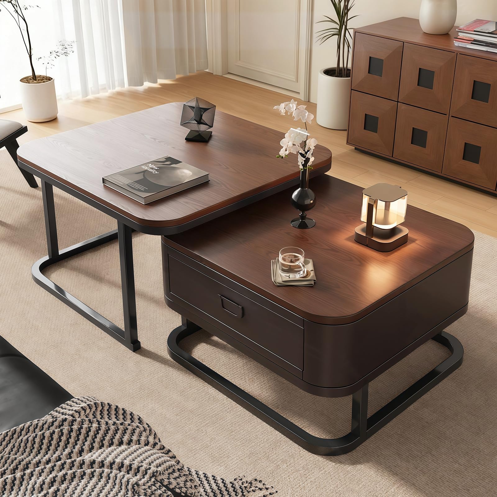 SXZenSpace Nesting Coffee Tables Set of 2, with Storage Drawer, Modern Centre Table Walnut Grain Tabletop and Metal Frame Legs for Living Room, Office, Apartment