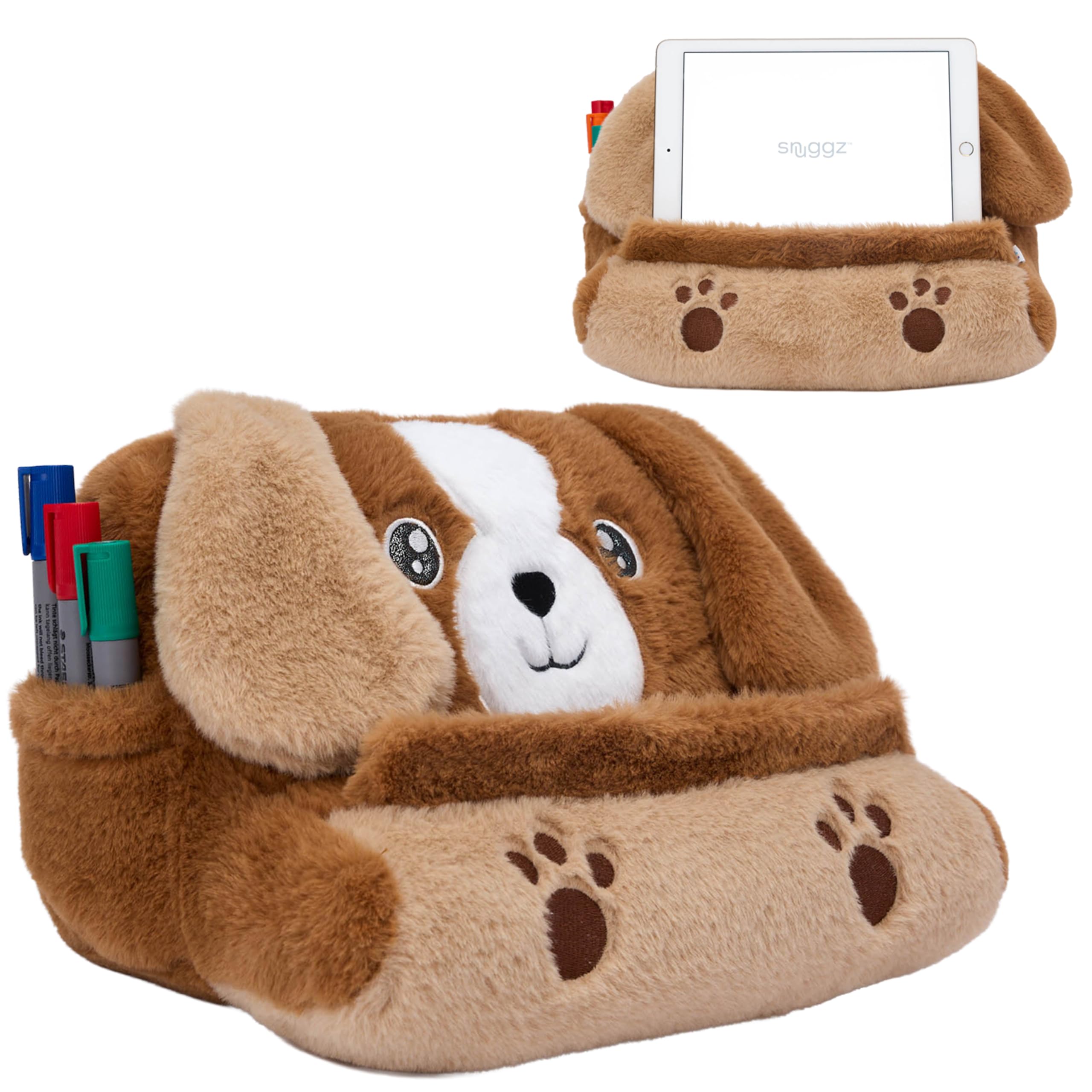 Snuggz Dog Tablet Holder, Plush Kindle Stand with Soft Lap Cushion for Bed, Sofa and Travel - Cute Kids Tablet Stand with Side Pockets for Comfortable Hands-Free Viewing