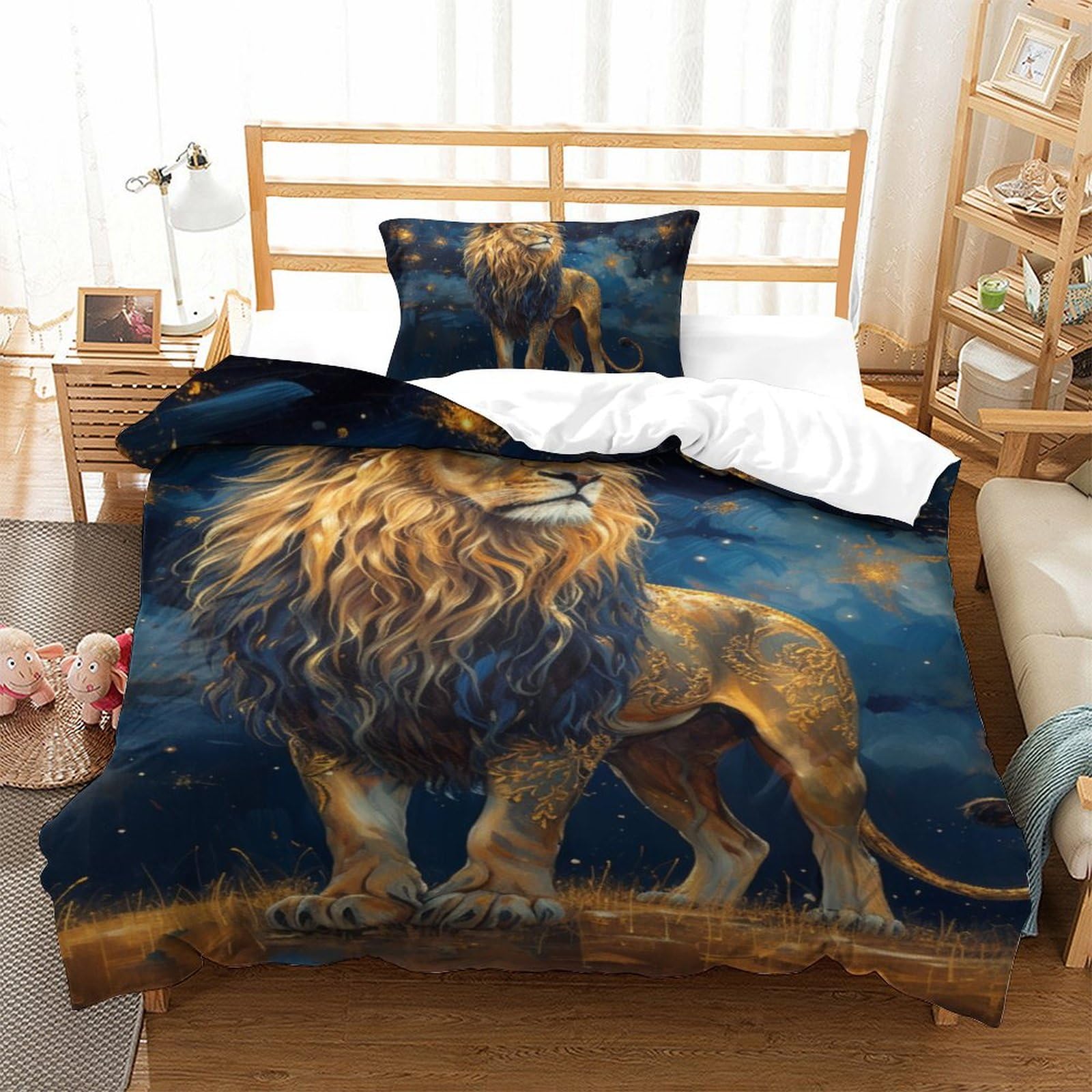 Duvet Cover Set Lion Decorative Duvet Cover Comforter Cover Polyester Microfiber 3pc with Zipper Bedding for Bedroom, Guestroom Single（135x200cm）