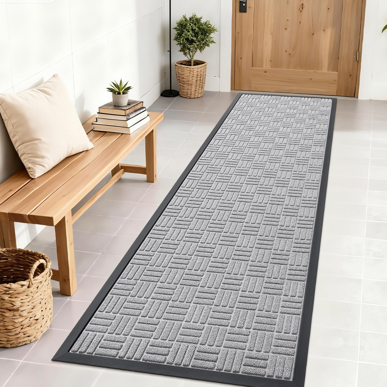 OLANLY Front Door Mat Outside Entrance 71x23, Heavy-Duty Rubber Doormat | Light Gray, Stain and Fade Resistant, Non-Slip Backing, Low-Profile Indoor Outdoor Floor Mat for Entryway, Easy to Clean