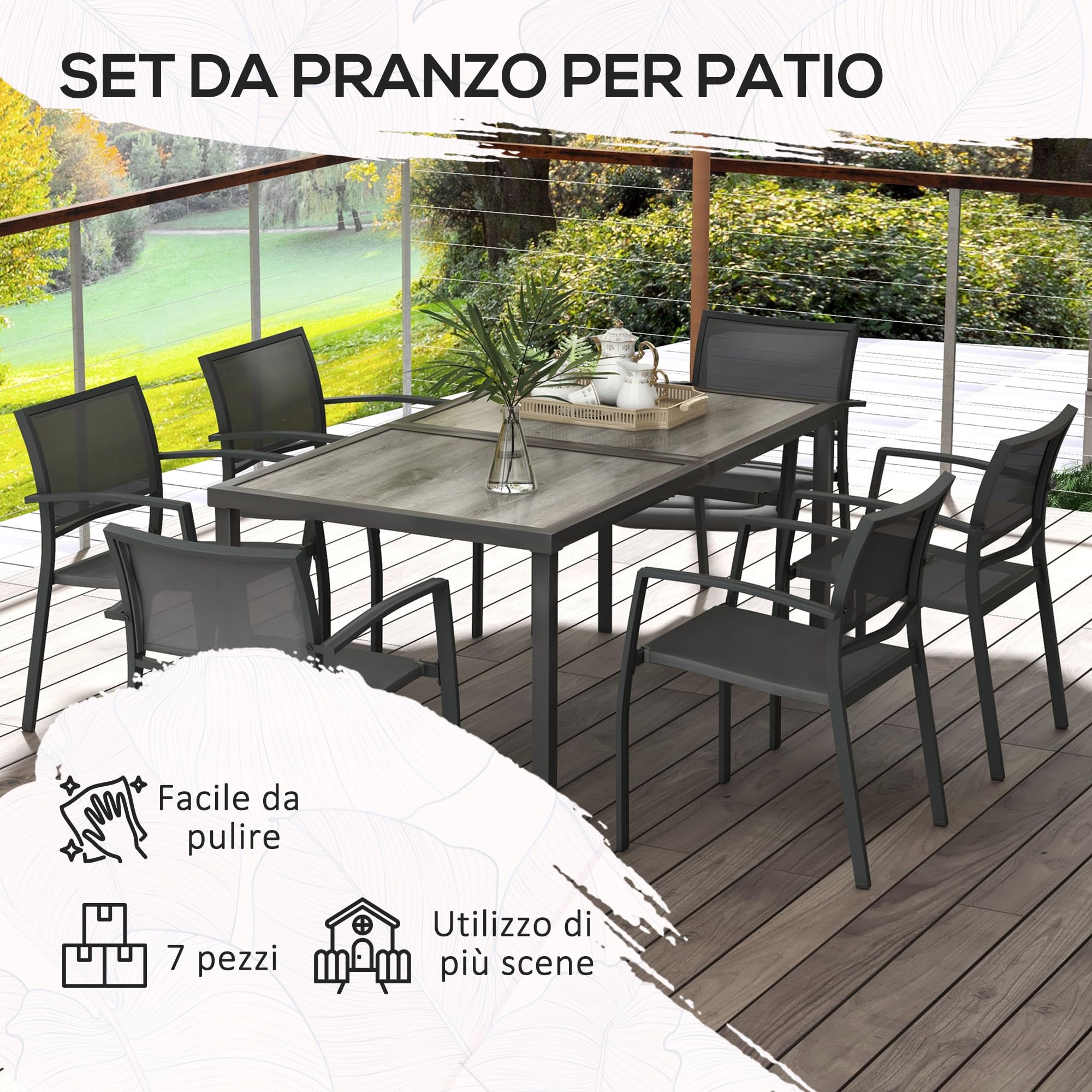 Outsunny Set Tavolo da Giardino con Sedie da 7 Pezzi Set da Pranzo Grigio | Tavolo con Piano in Plastica Effetto Legno, 6 Sedie da Esterno Impilabili con Braccioli, Mobili in Acciaio