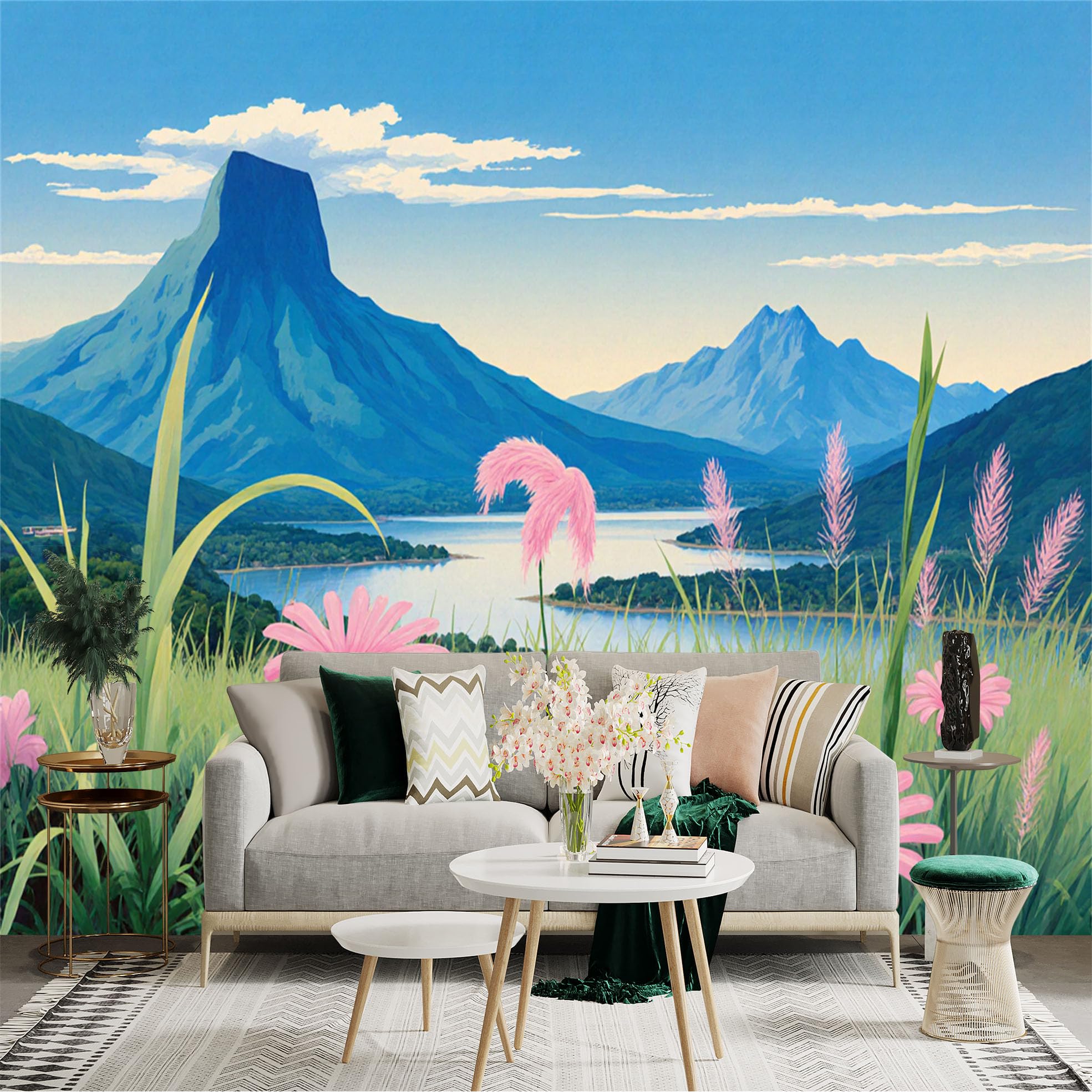Lnzczhyre Xc260505373 Custom Size Wall Sticker Mural， Serene Lake And Majestic Mountains， Pink Wildflowers In Meadow， Peaceful Natural Landscape， For Wall Decoration， Peelandstick Wall Decals.