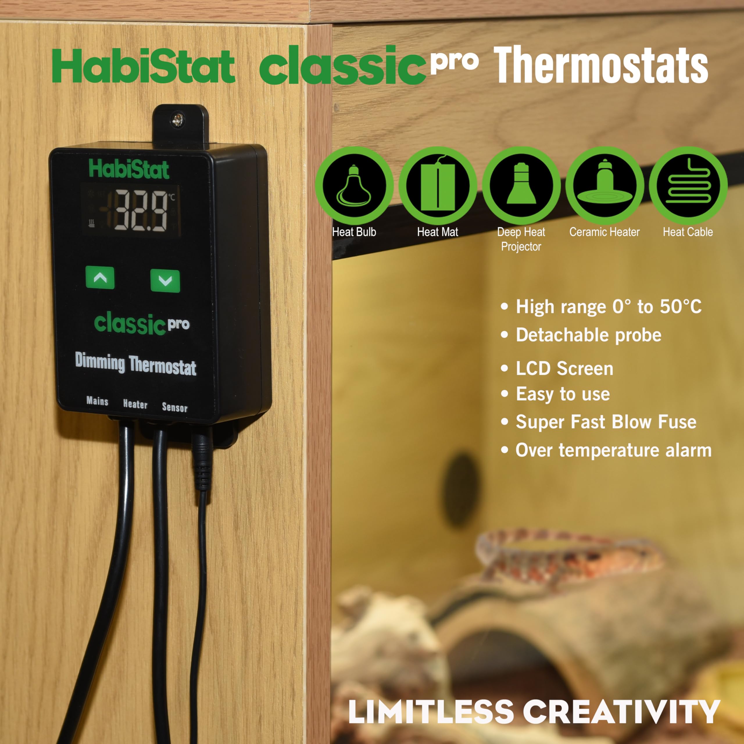 Habistat Classic Pro Thermostat de vivarium à intensité variable Noir 450 W Accessoire terrarium d'intérieur Thermostat régulateur de température pour animaux de compagnie, serpent, gecko, dragon