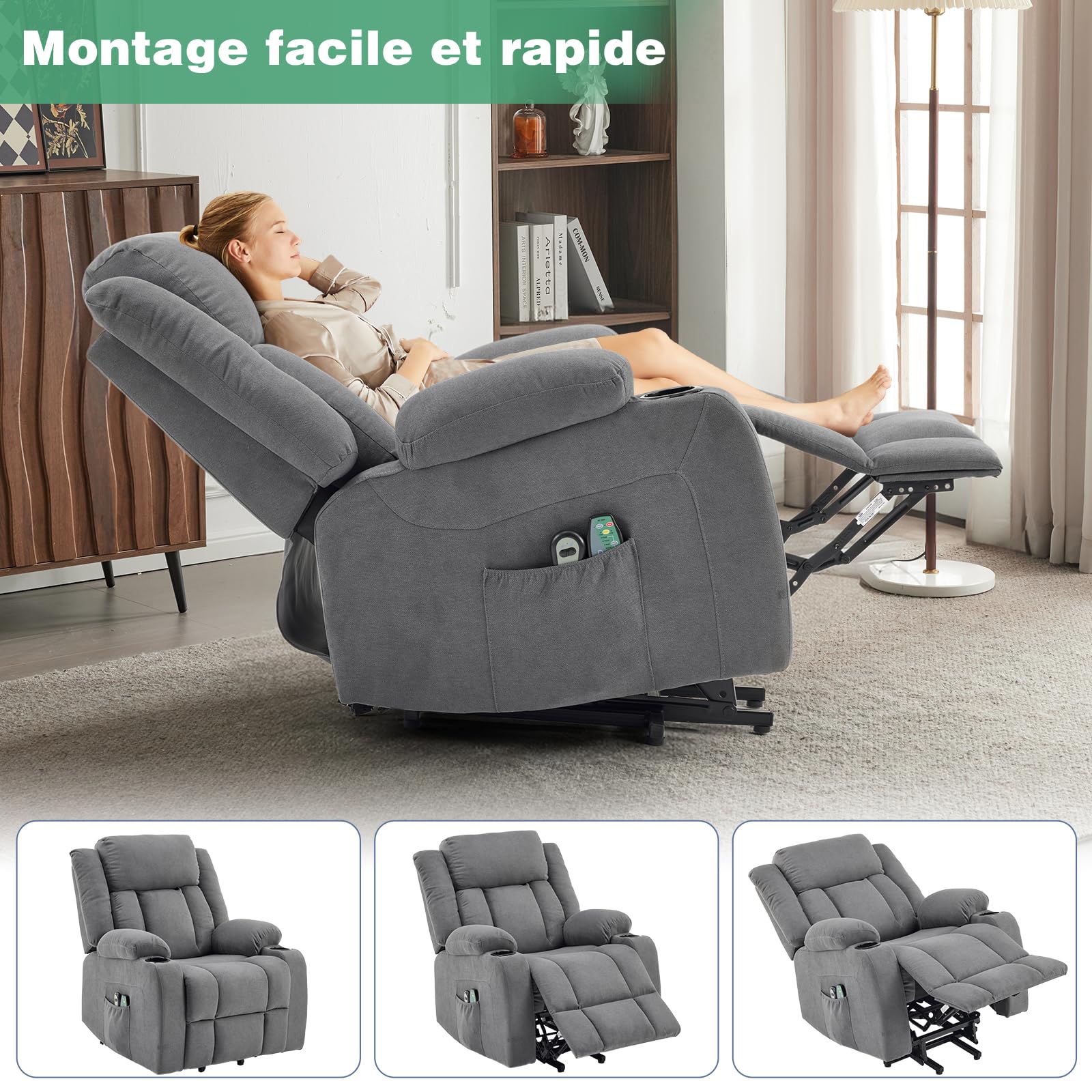 LEADZM Fauteuil Releveur Électrique Relax avec Fonction Massage et Chaleur, Inclinaison Réglable et Repose-Pieds, Télécommande Incluse Dunkelgrau