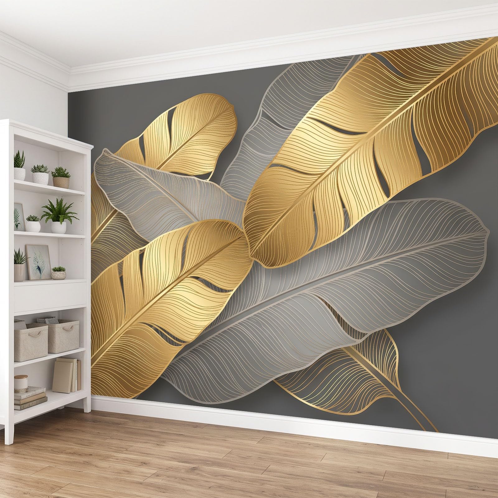 Panoramiczna tapeta z włókniny 350 x 256 cm minimalistyczny styl botaniczny, ciemnoszare tło złote liście bananowca fototapeta, do salonu dekoracja ścienna do pokoju dziecięcego