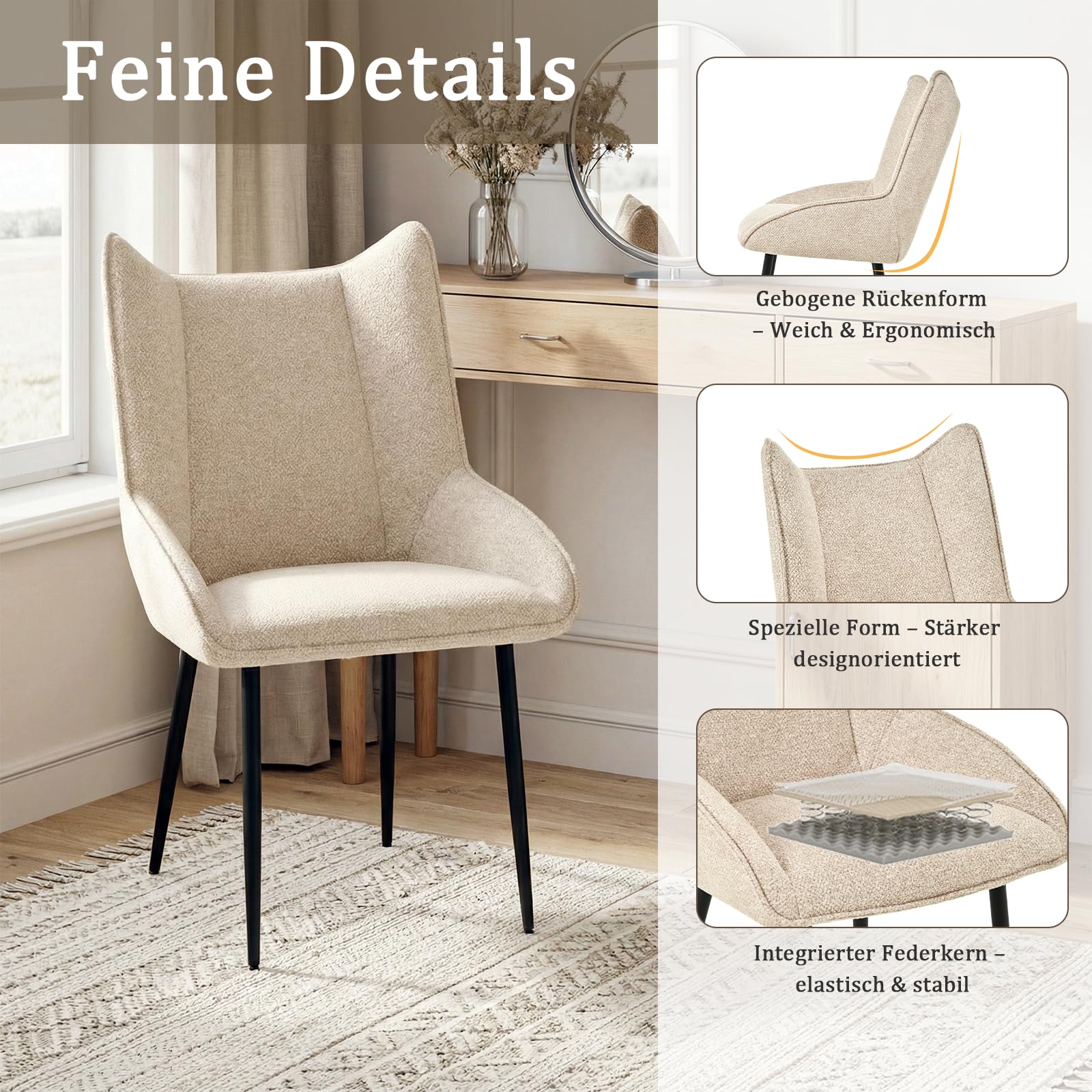 Esszimmerstühle 1er Set, moderner Küchenstuhl Creme ohne Armlehnen, Stühle Esszimmer aus Samt, verstellbare Füße, für Esszimmer, Wohnzimmer, Küche & Schlafzimmer
