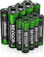 Vista 1 de BEVIGOR 16 juegos de pilas recargables AA AAA, alta capacidad 8 paquetes AA 2800mAh y 8 paquetes AAA 1100mAh, pilas de teléfono NiMH de 1.2V de baja
