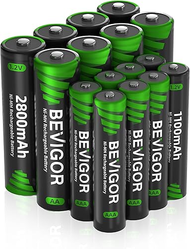 BEVIGOR 16 juegos de baterías recargables AA AAA, paquete de 8 pilas AA de alta capacidad de 2800 mAh y 8 pilas AAA de 1100 mAh, 1.2 V NiMH de baja