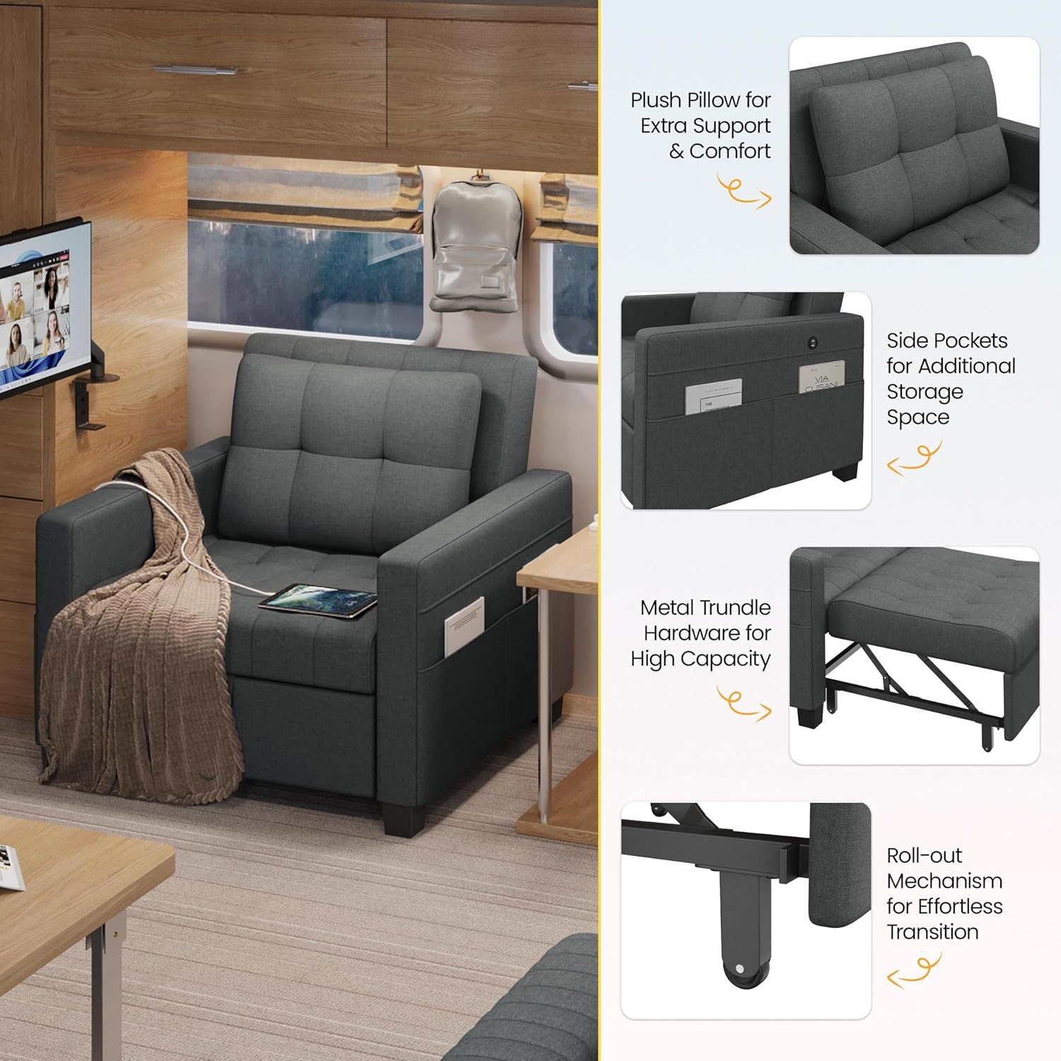 Yaheetech Convertible Futon Sofa Bed 3-in-1 Sleeper Chair Bed Tufted Couch with Adjustable Backrest, 2 USB Ports for Living Room Bedroom Small Space, Dark Gray