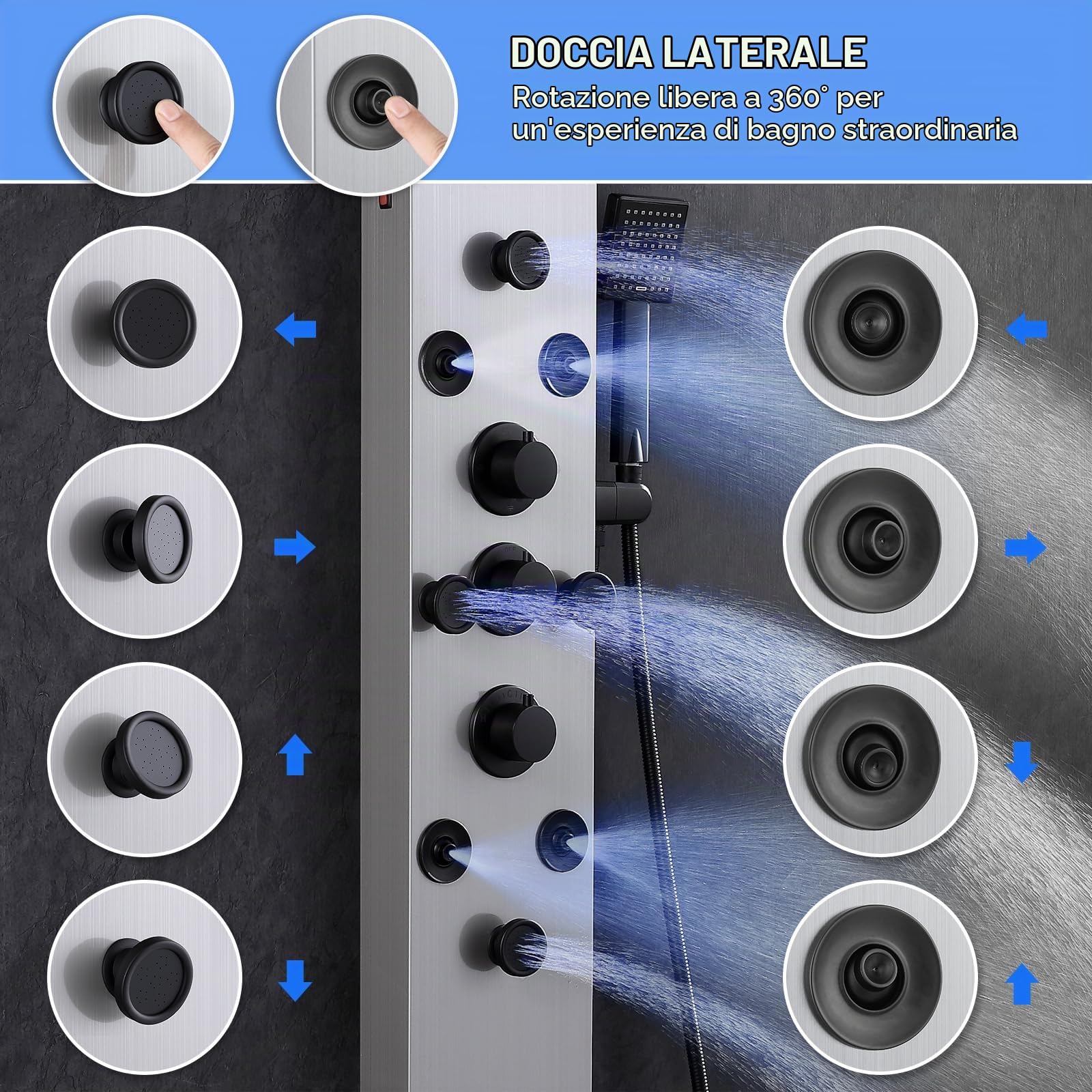 6 in 1 Pannello doccia LED, set doccia con pannello in acciaio inox 304 con display LCD temperatura, cascata e doccia a pioggia, 8 ugelli massaggianti, doccetta e ingresso vasca da bagno