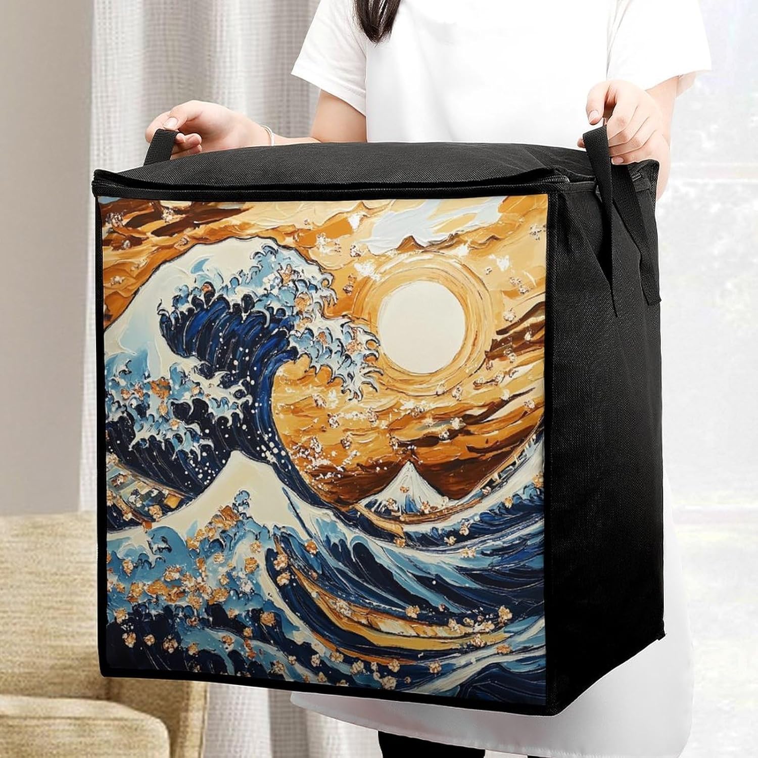 Japanese Sea Sun Waves Large Comforter Blanket Storage Bags Bins 70L Closet Organizer with Handles