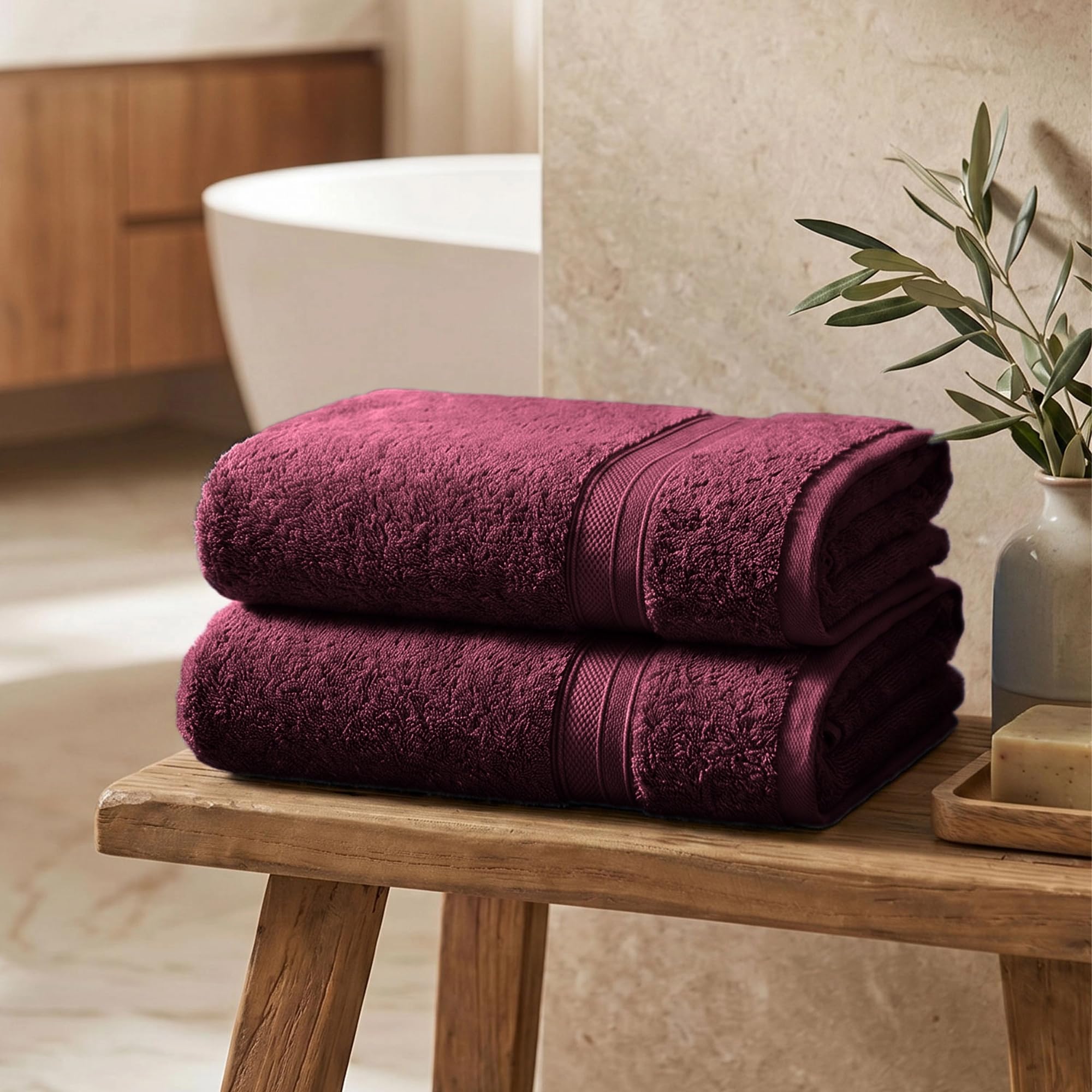 TRIDENT Soft Comfort Air Rich 100% Cotton Towels for Bath, 500 GSM Large Size Bathroom Towels for Men/Women, 2 Pc Bath Towel Set (69cm x 137cm), Red Wine