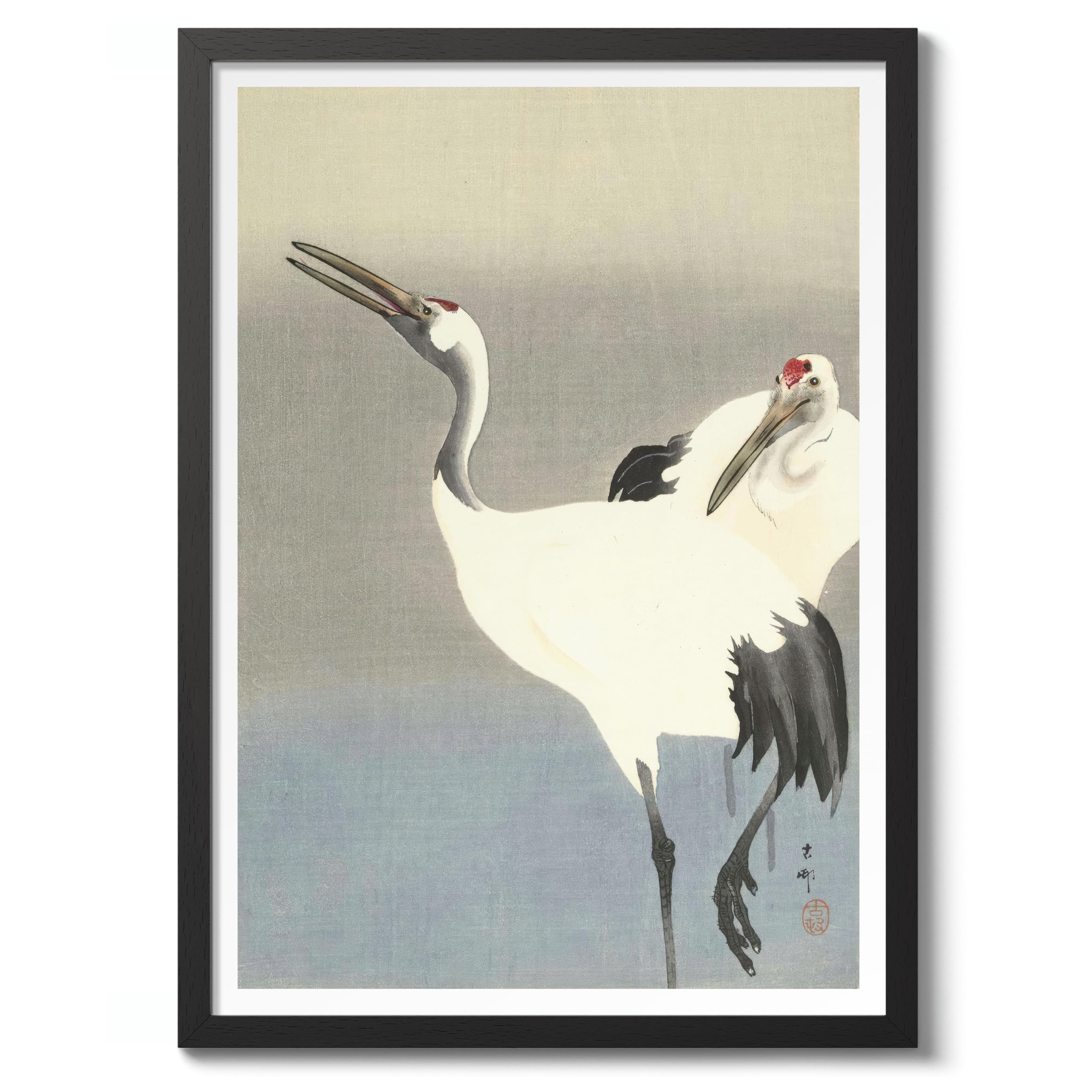 Two Cranes Ohara Koson Poster, Japanese Woodblock Ukiyo-E Print, Vintage Bird Art Picture Animal Painting Wall Art Exhibition, Japan Birds Home Decor, A3 (Black Frame) - 45x32.8cm