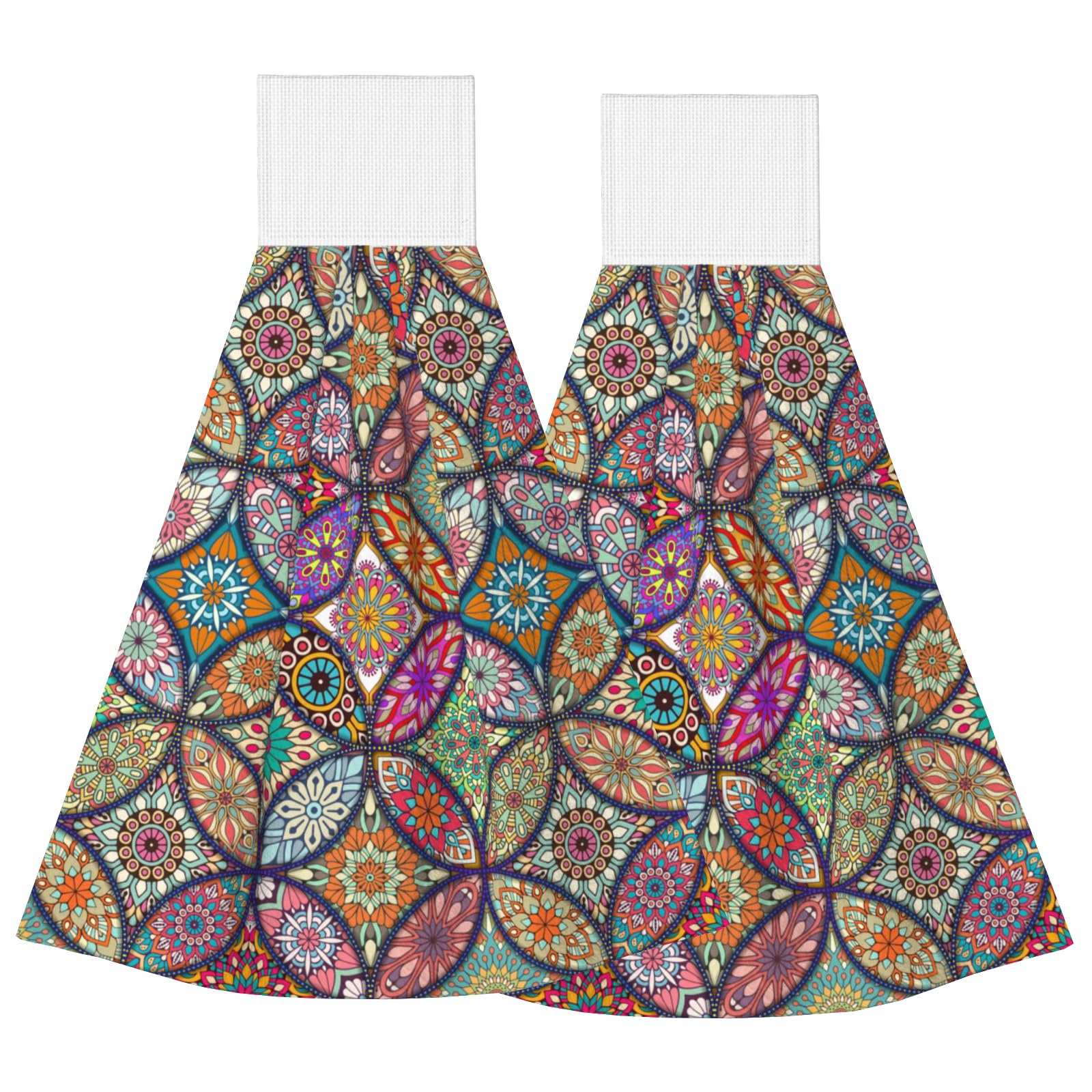 YINFILAN Mandala Floral Kitchen Tie Towel Multicolored Geometric Pattern Hanging Kitchen Hand Towels Set of 2 Hang Dish Towel Absorbent Soft Bath