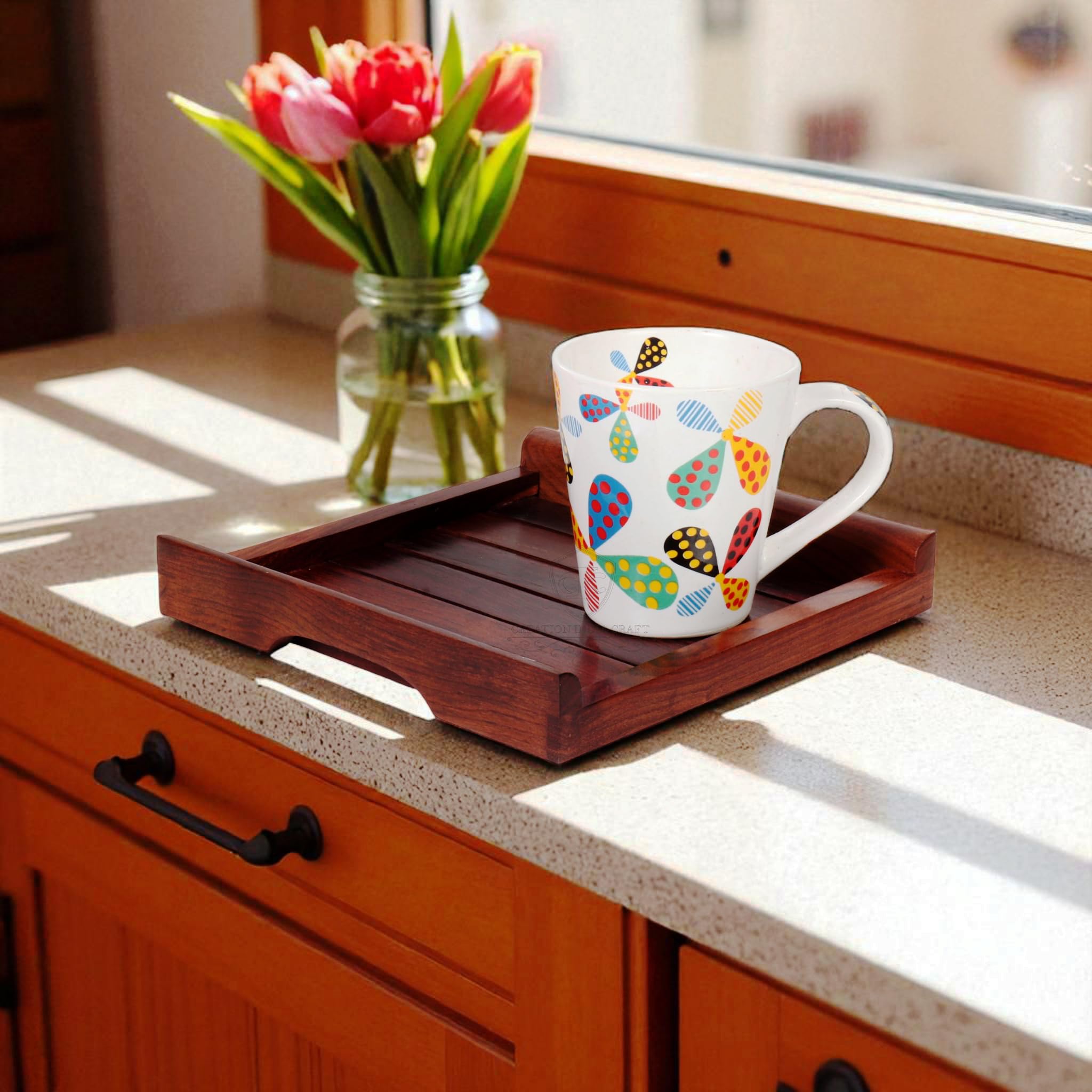 Sheesham Vassoio da portata in legno per tavolo da pranzo rettangolare vassoio per colazione caffè manico rotondo vassoio da portata decorazione da tavolo, regali, confezione da 1